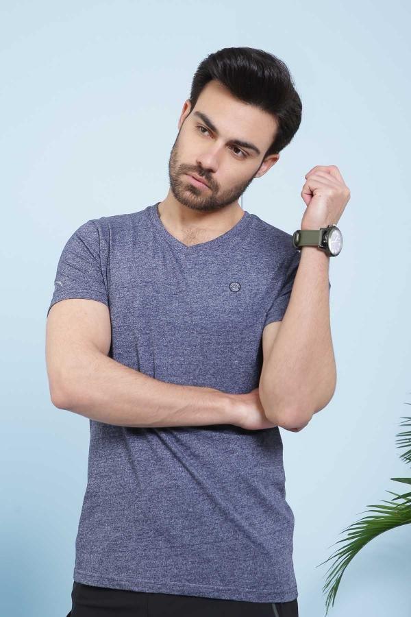 Heather navy V-neck T-shirt with short sleeves and small chest logo