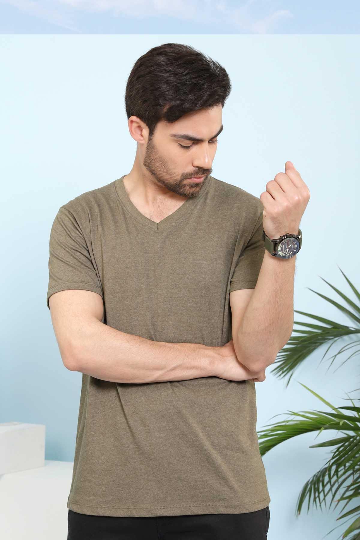 Olive V-neck short-sleeve sleep t-shirt, front view