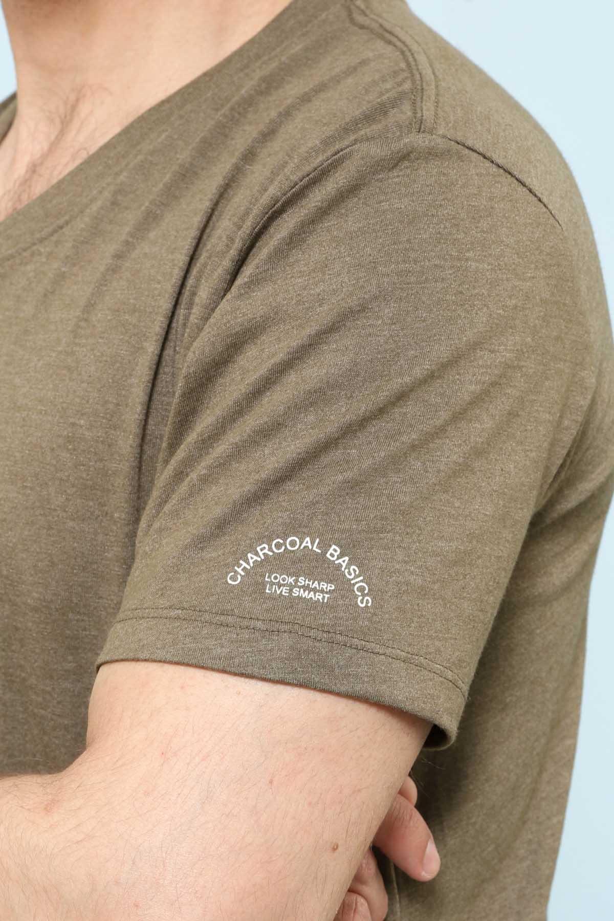 Olive short-sleeve t-shirt sleeve with 'CHARCOAL BASICS' print