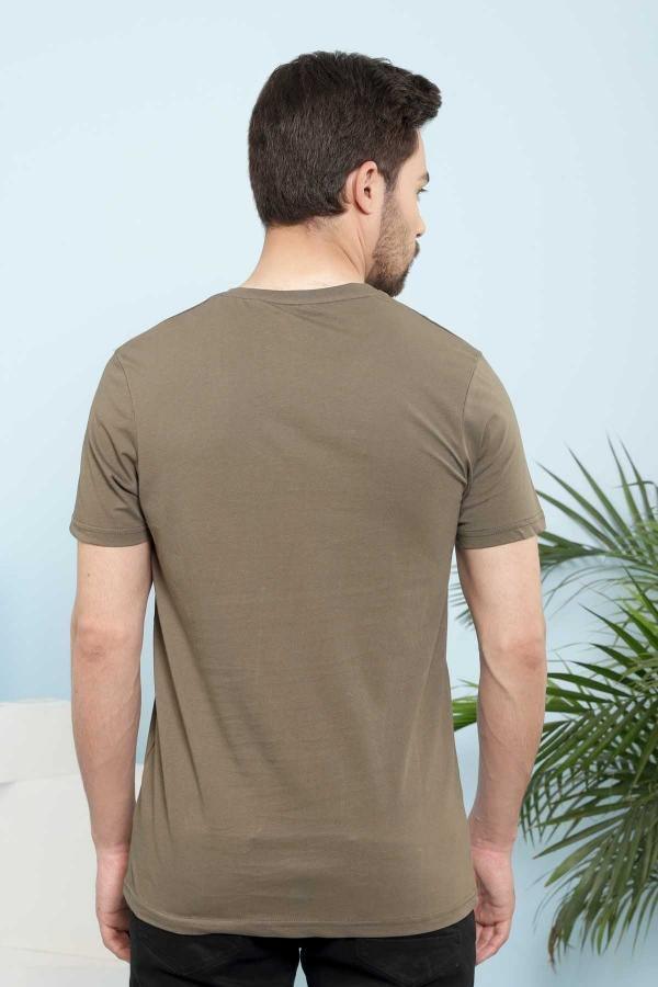 Olive V-neck T-shirt, back view with short sleeves and plain surface