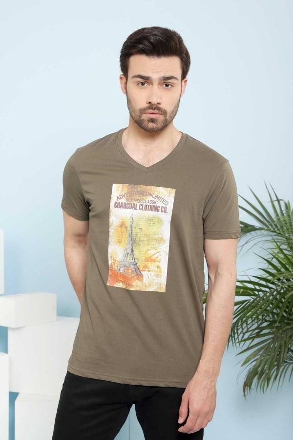 Olive V-neck T-shirt with short sleeves and front graphic print