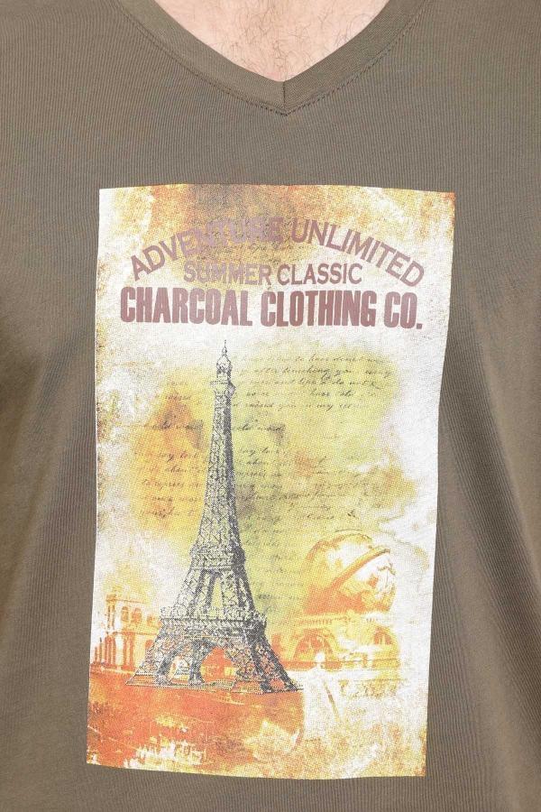 Olive V-neck T-shirt close-up of Eiffel Tower front graphic print