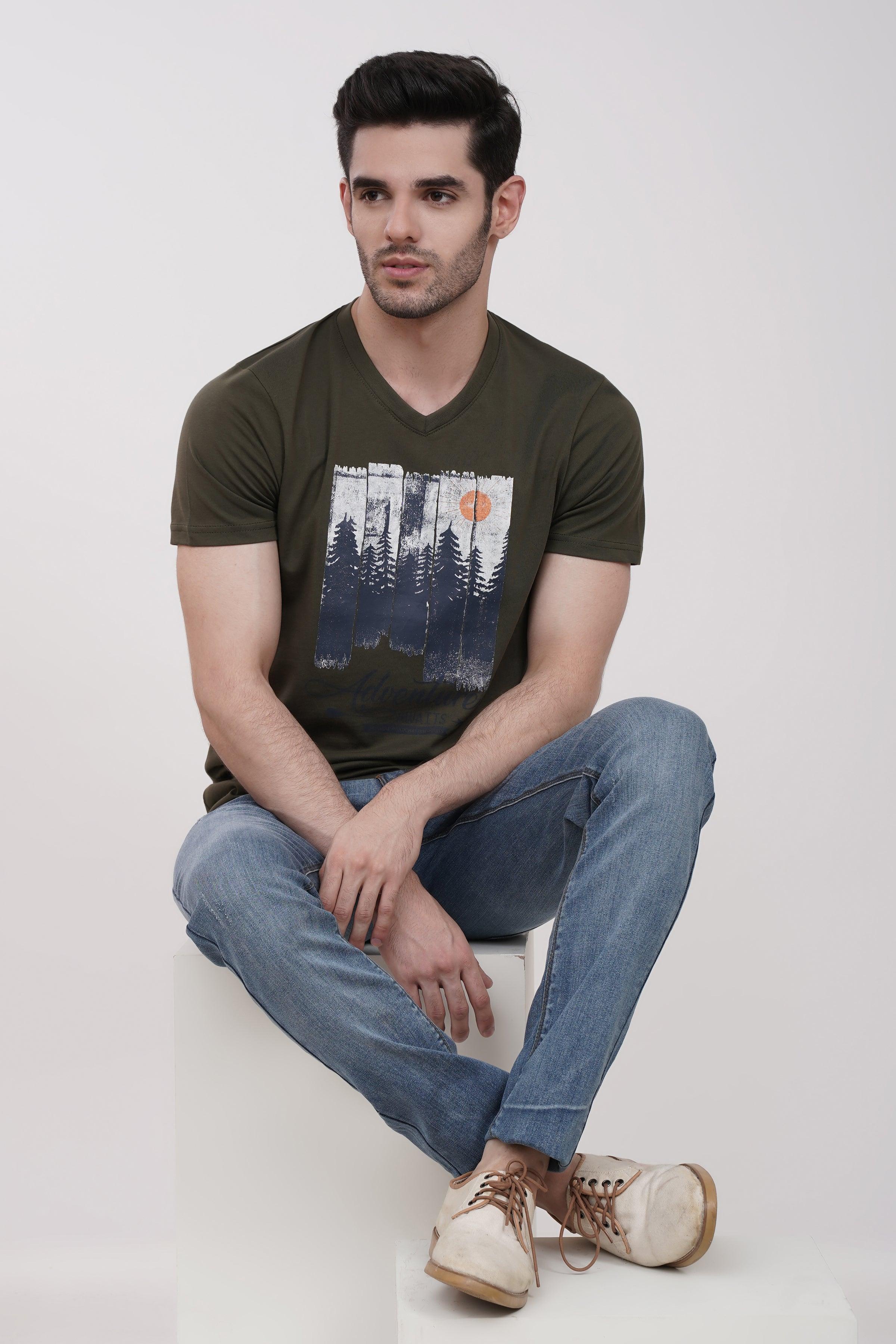 T SHIRT V NECK OLIVE at Charcoal Clothing