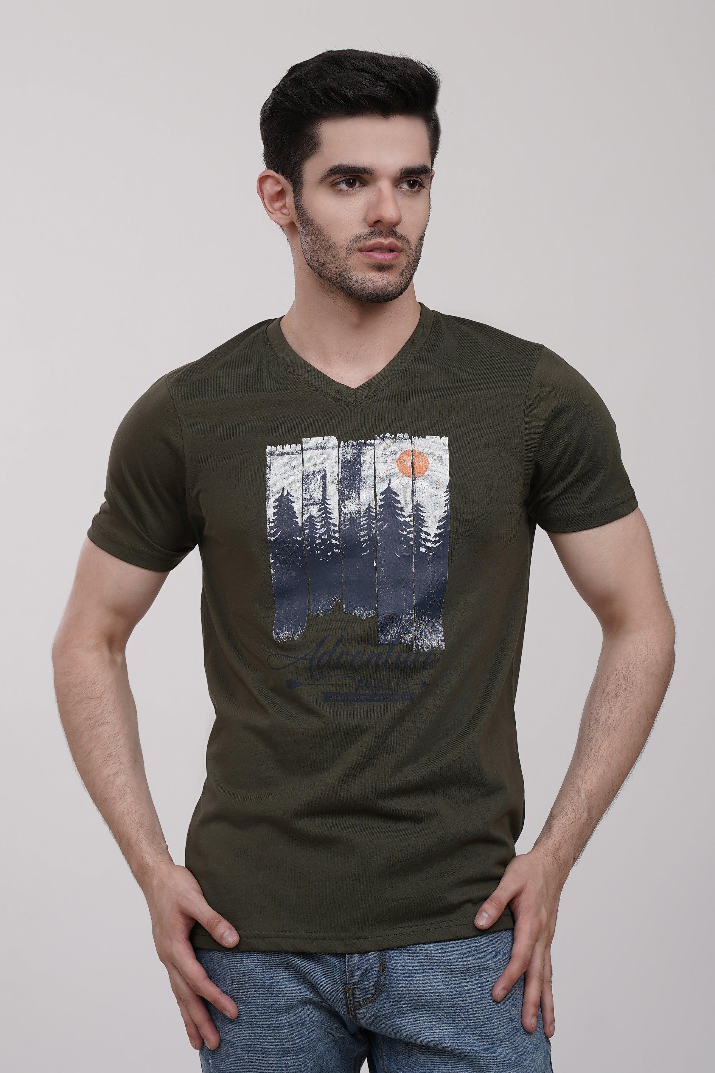 T SHIRT V NECK OLIVE at Charcoal Clothing