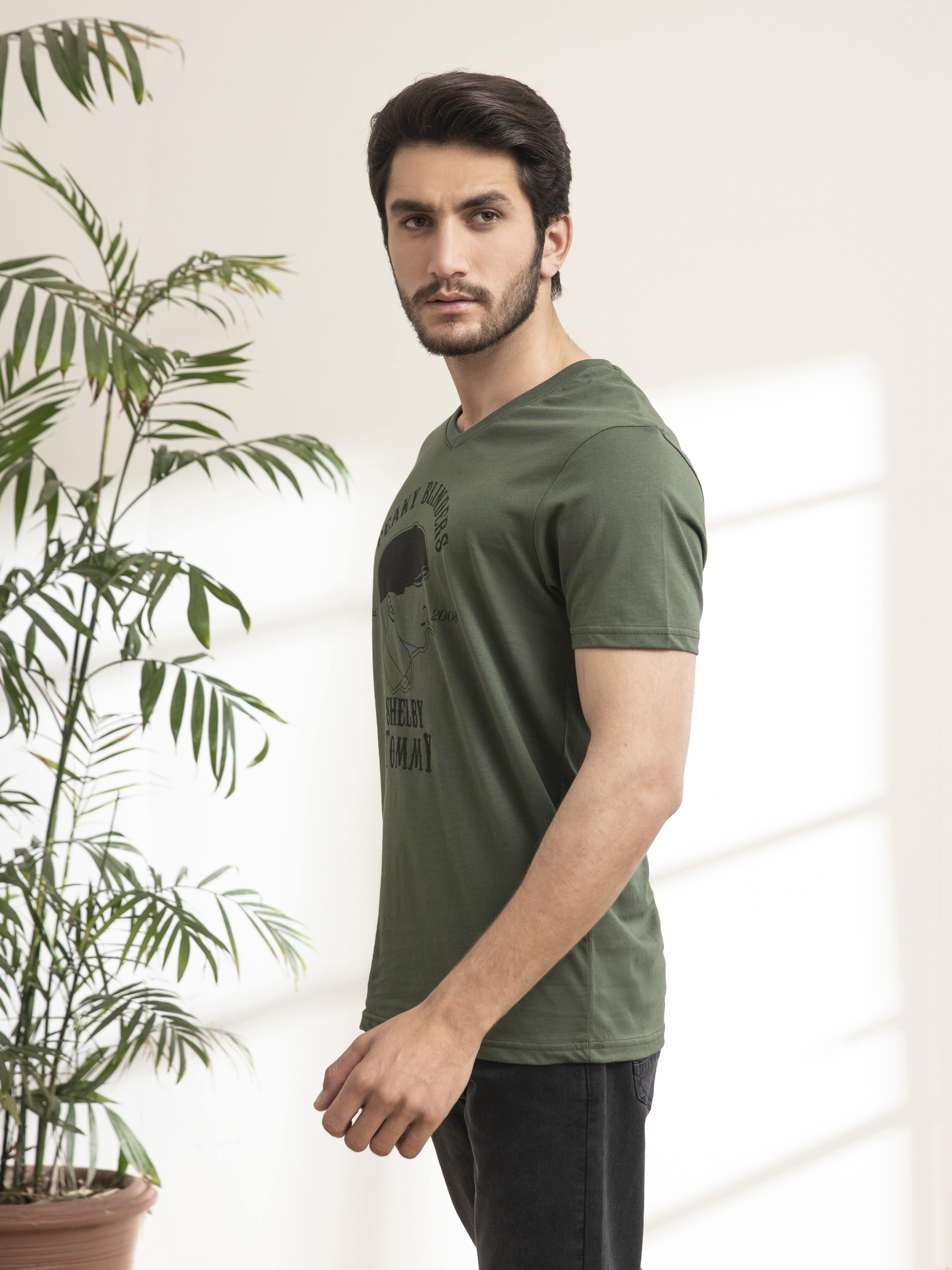 Olive V-neck graphic T-shirt with Peaky Blinders front print