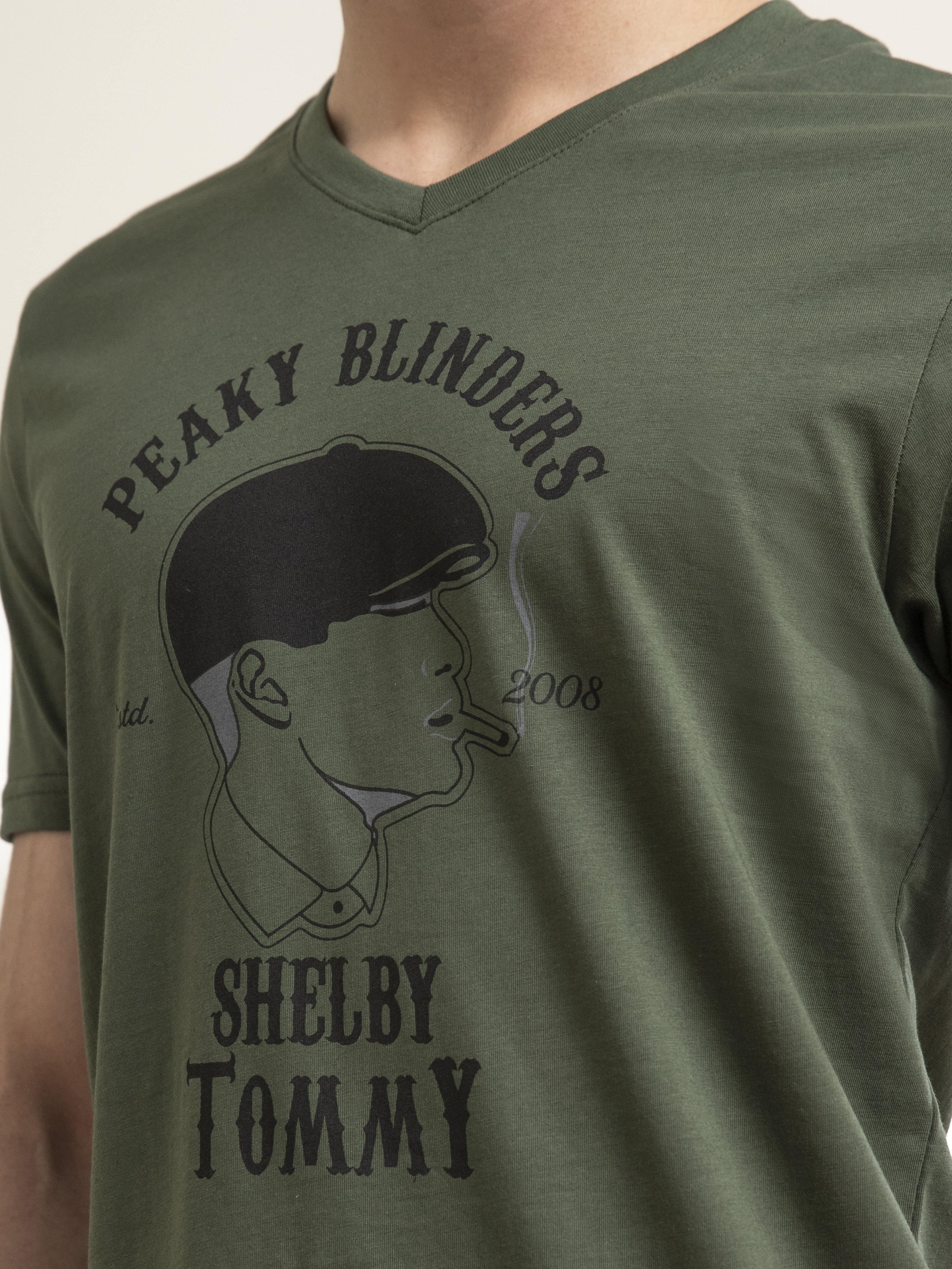 Olive V-neck graphic T-shirt with Peaky Blinders Shelby Tommy text