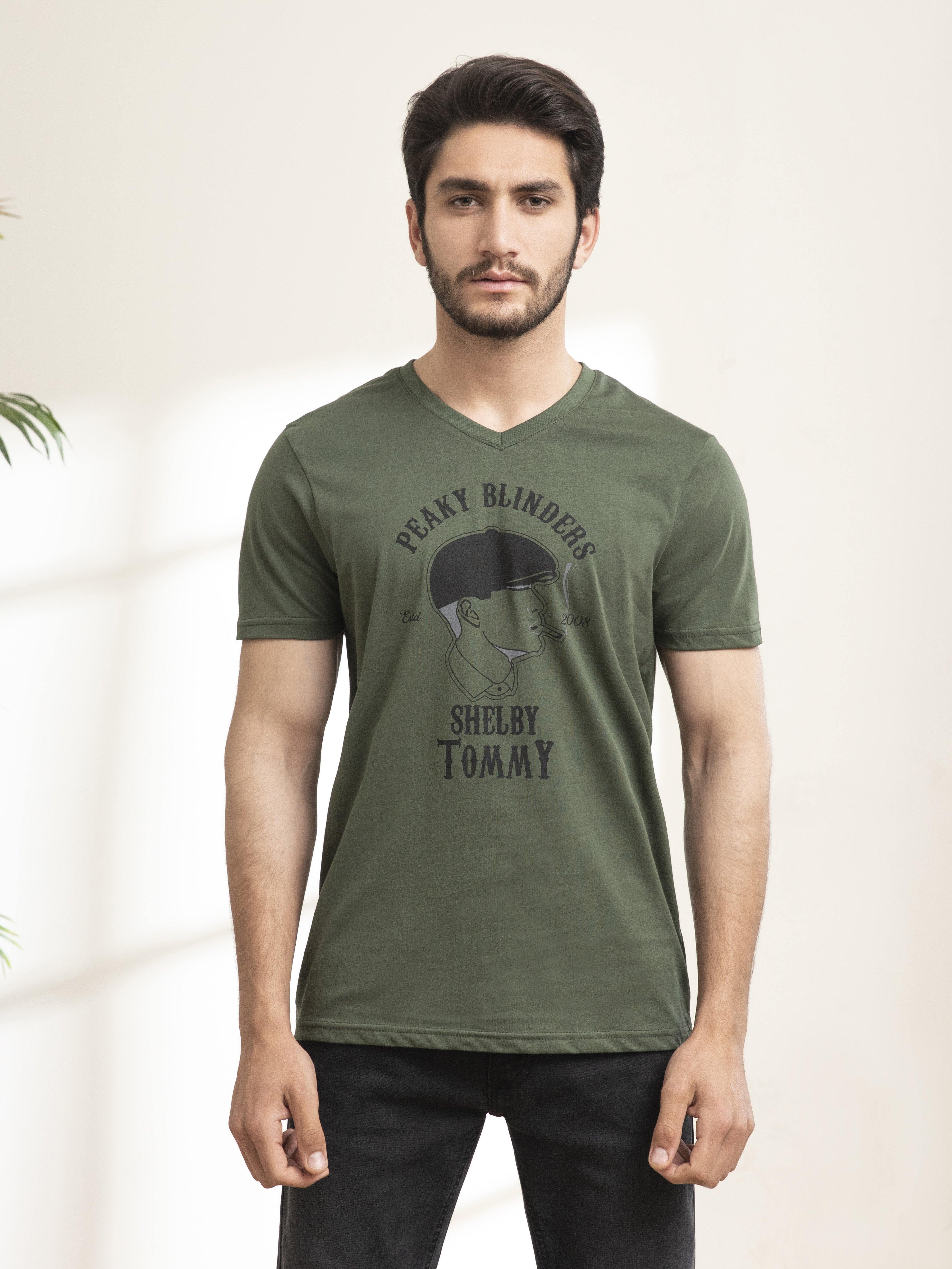 Olive V-neck graphic T-shirt with Peaky Blinders emblem and Shelby Tommy print