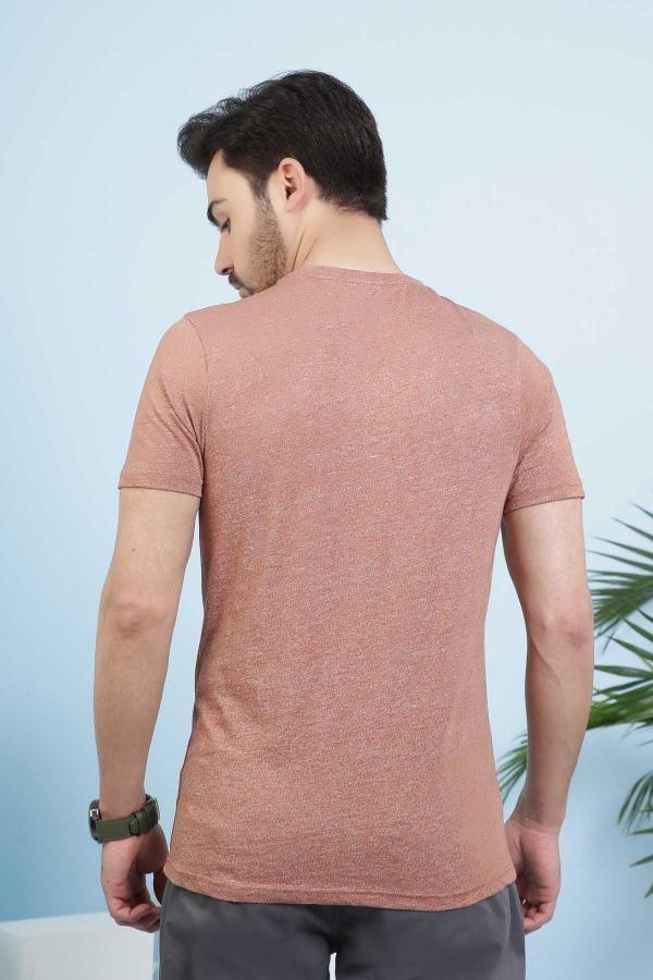 Rust-brown V-neck T-shirt, back view with short sleeves