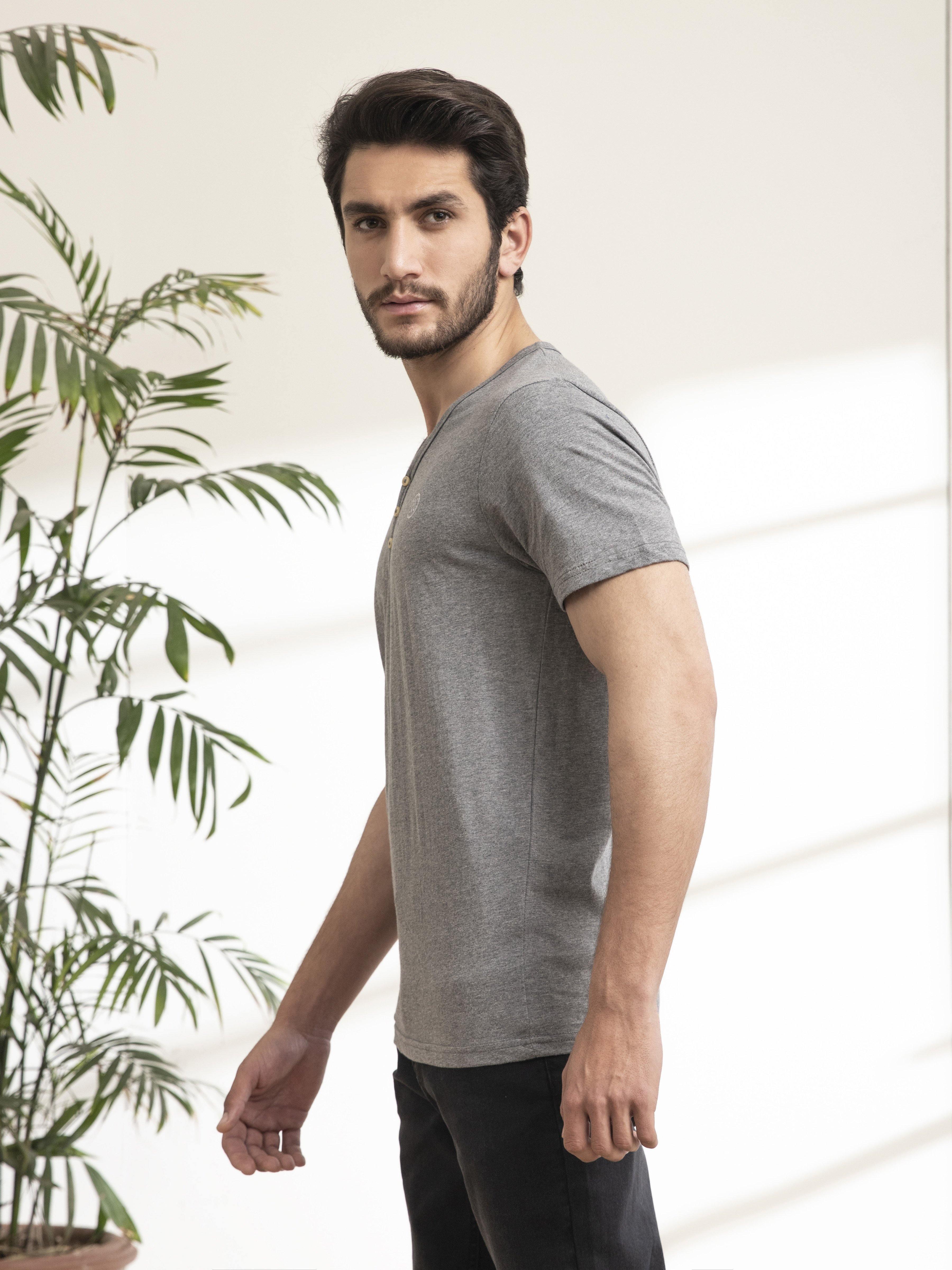 T SHIRT Y NECK DARK GREY at Charcoal Clothing
