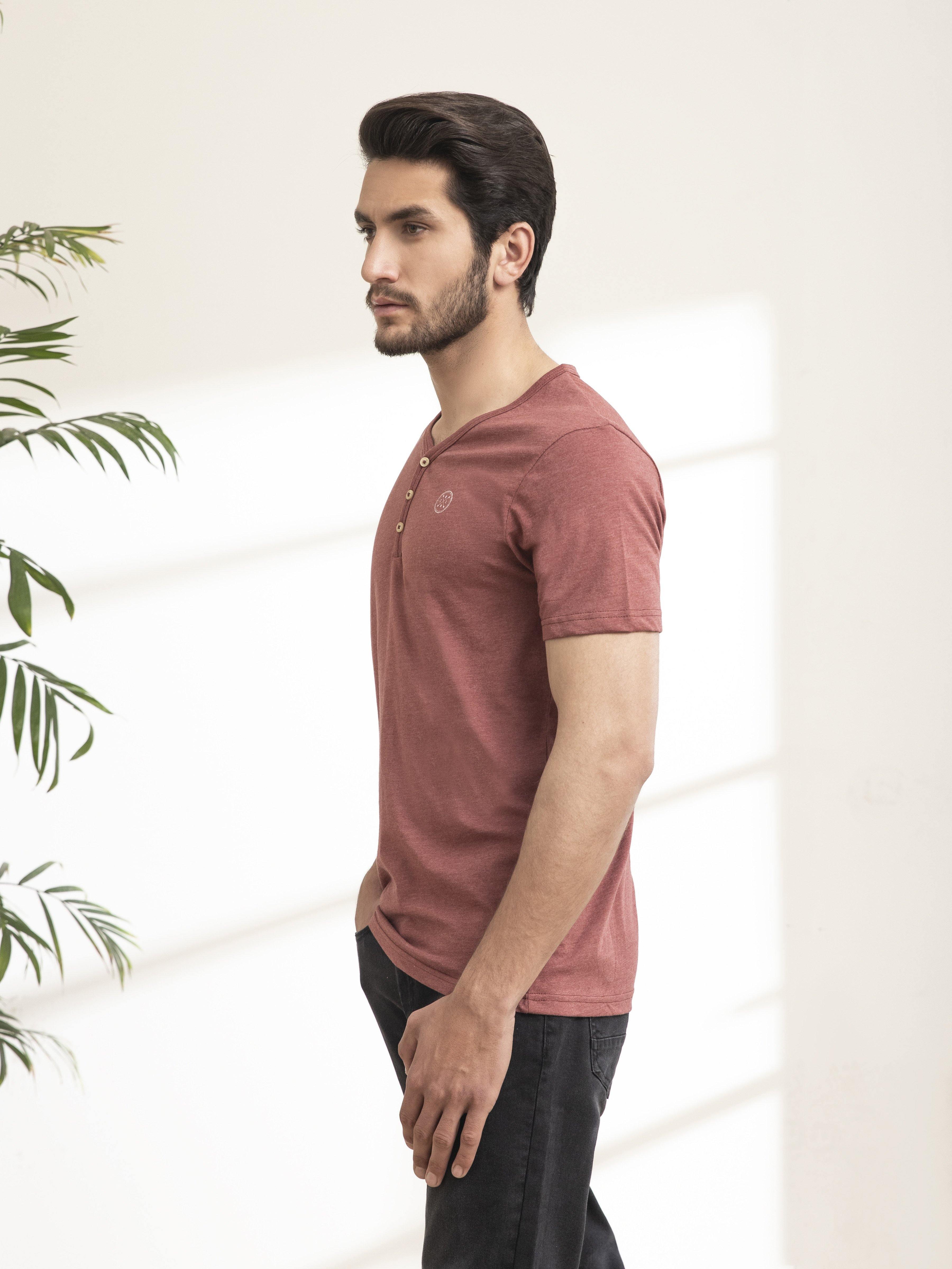 Maroon short-sleeve henley T-shirt, side view with button placket