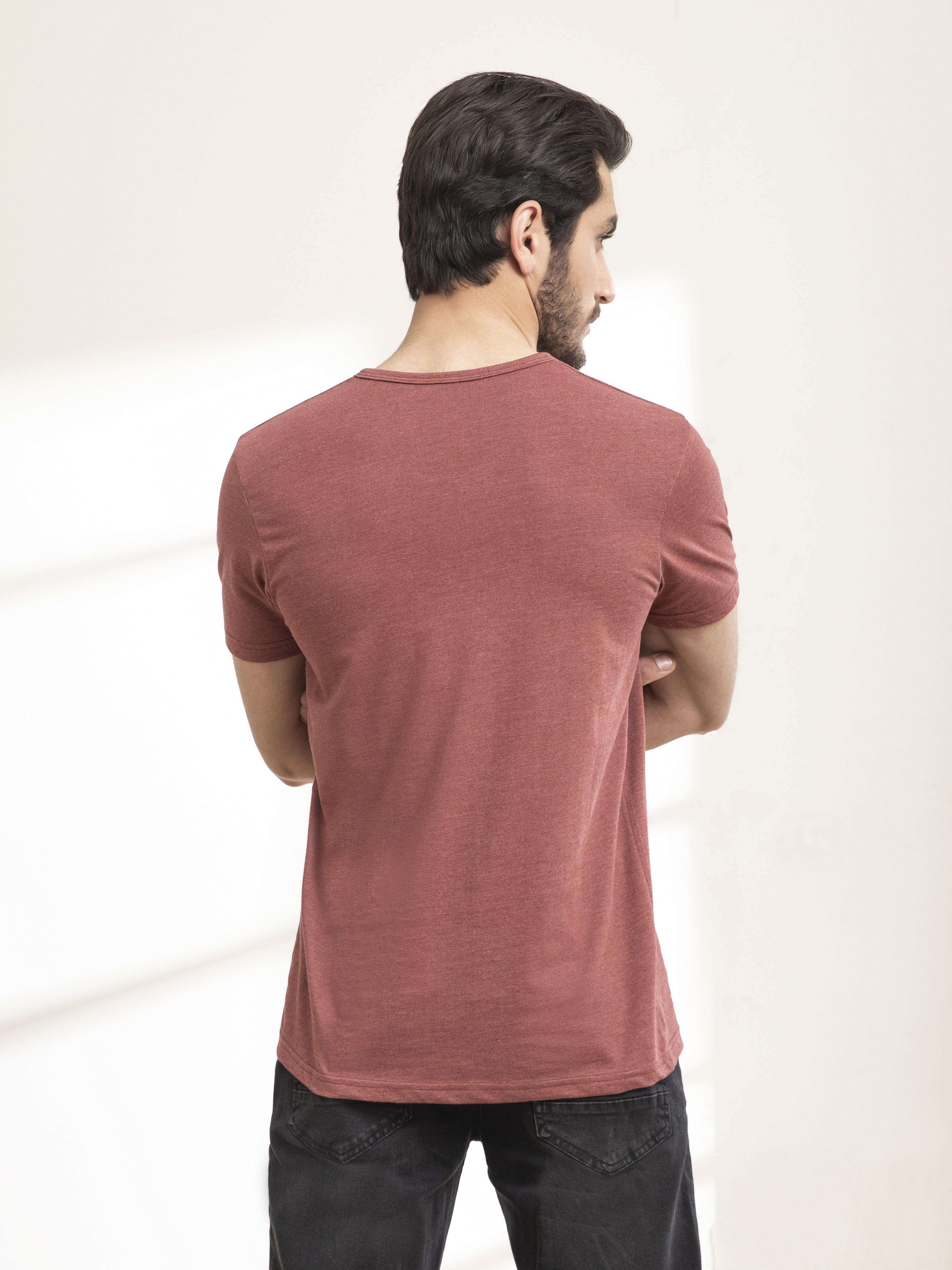 Maroon short-sleeve henley T-shirt, back view