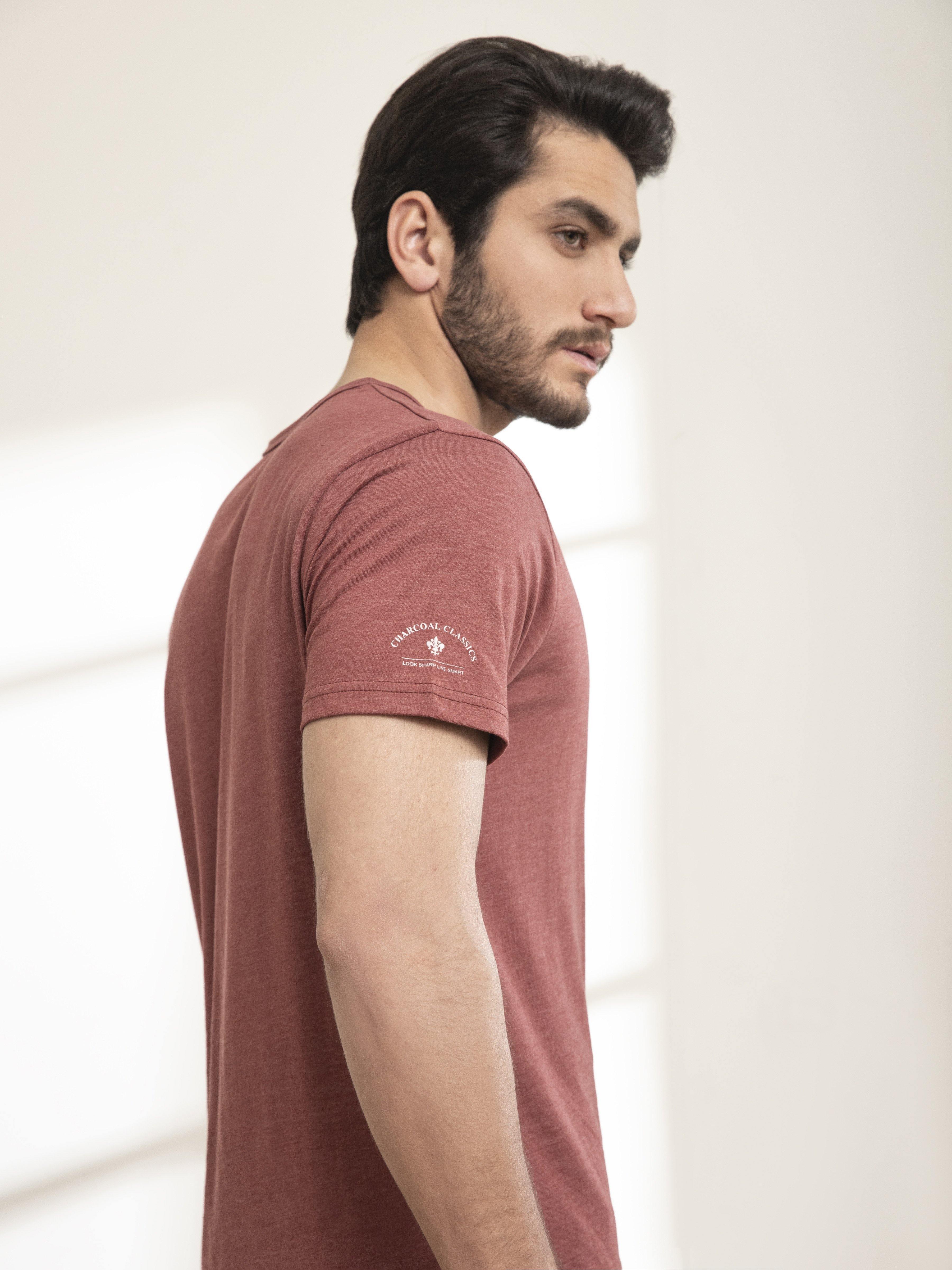 Maroon short-sleeve henley T-shirt sleeve with small chest logo detail