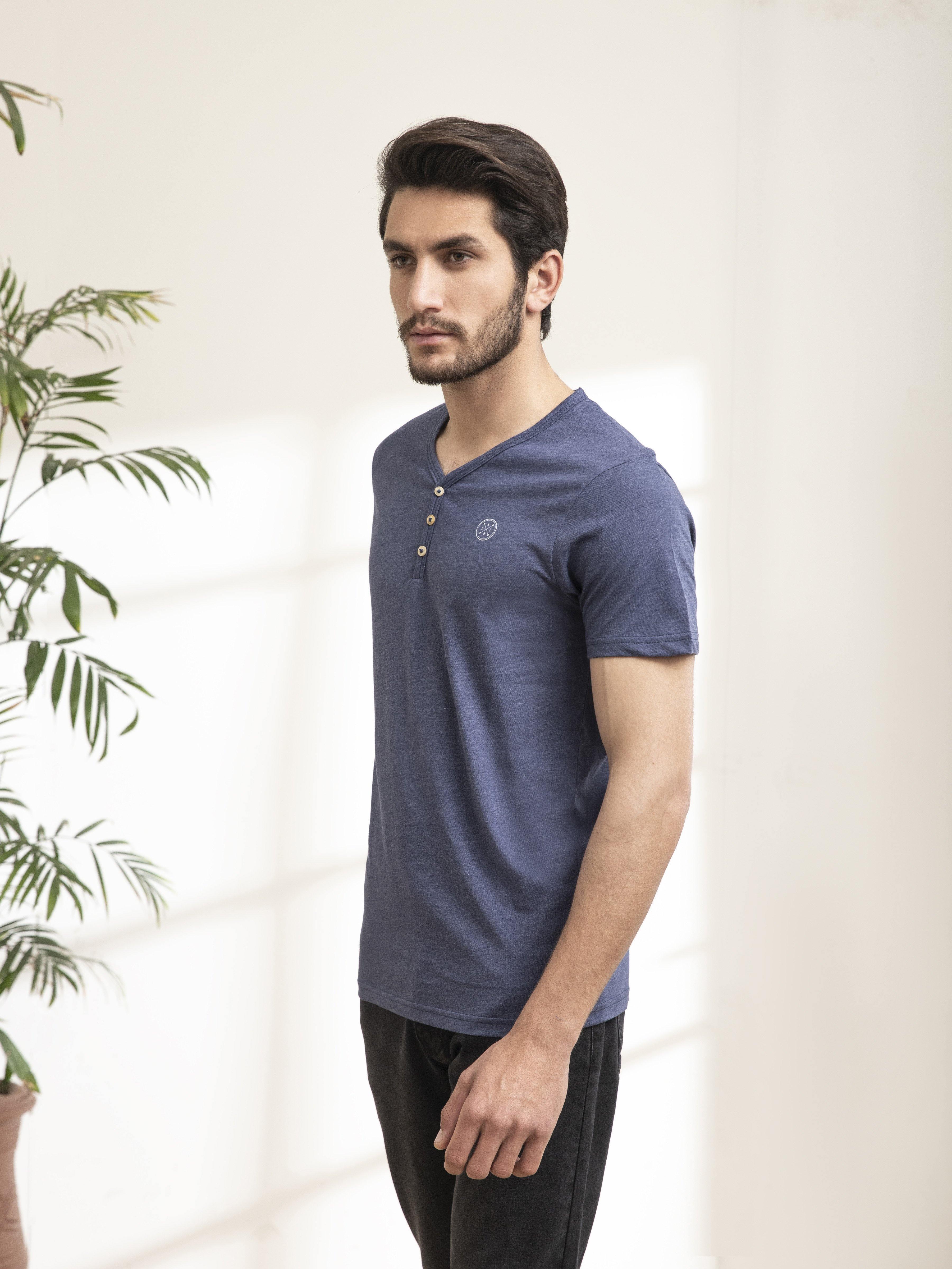 Men's dark blue V-neck T-shirt with short sleeves and three-button placket