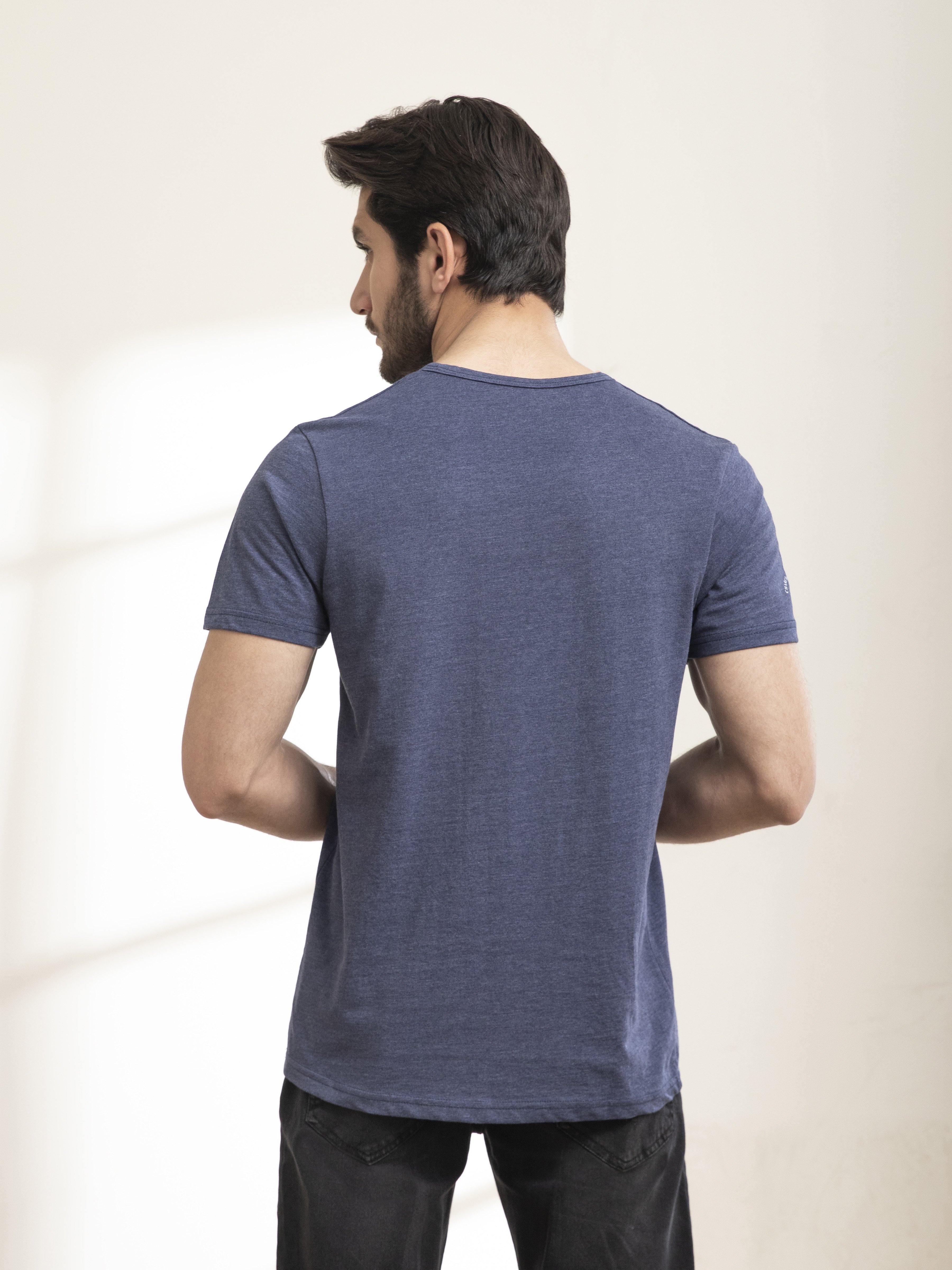 Men's dark blue V-neck T-shirt back view with short sleeves