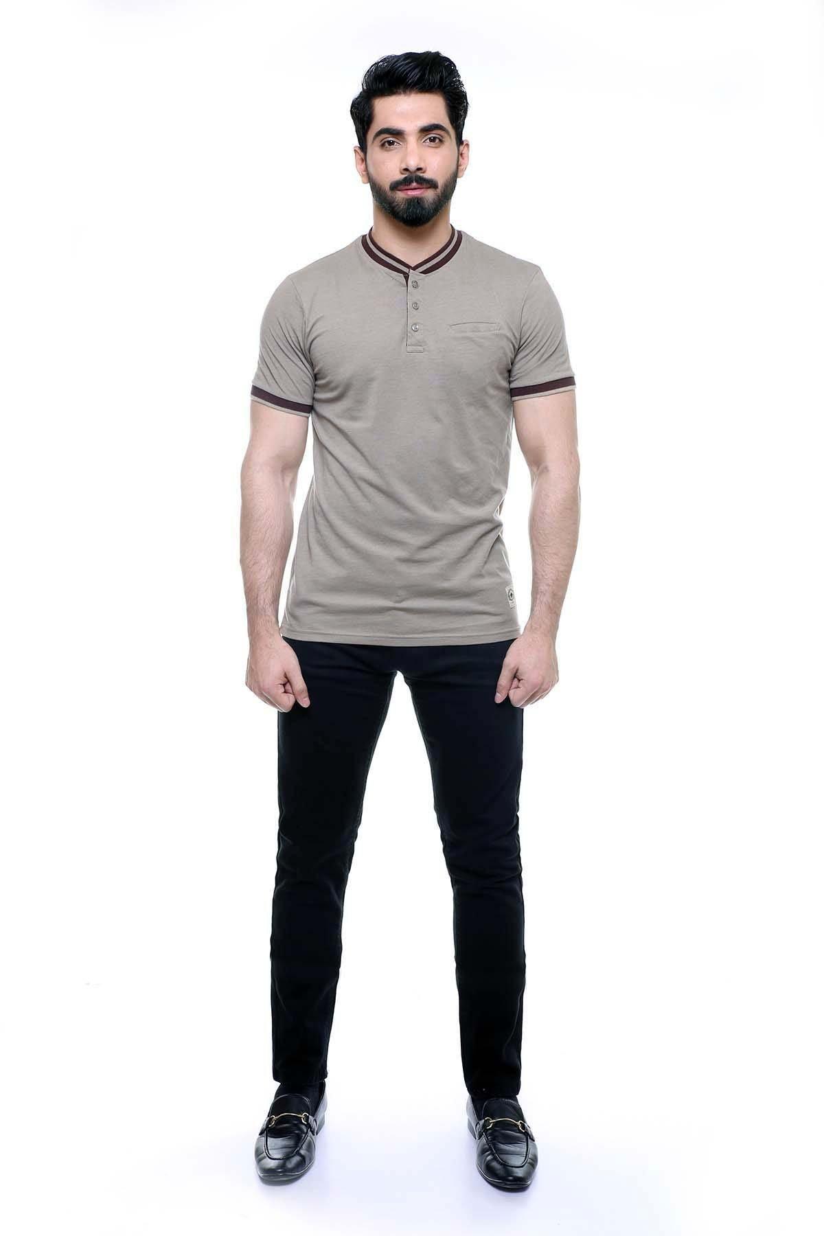 Light brown henley T-shirt with button placket and short sleeves