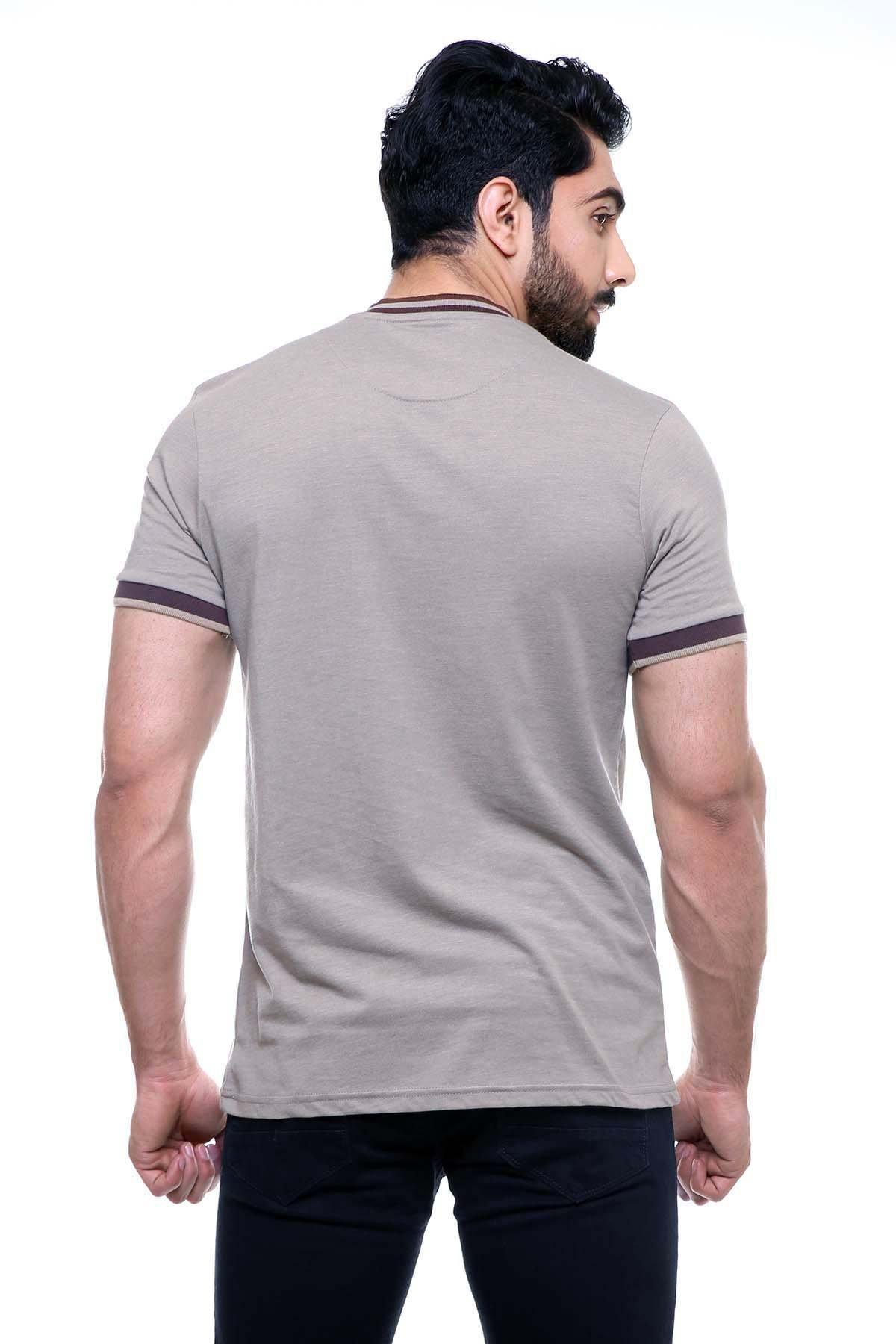Light brown henley T-shirt with short sleeves and ribbed collar, back
