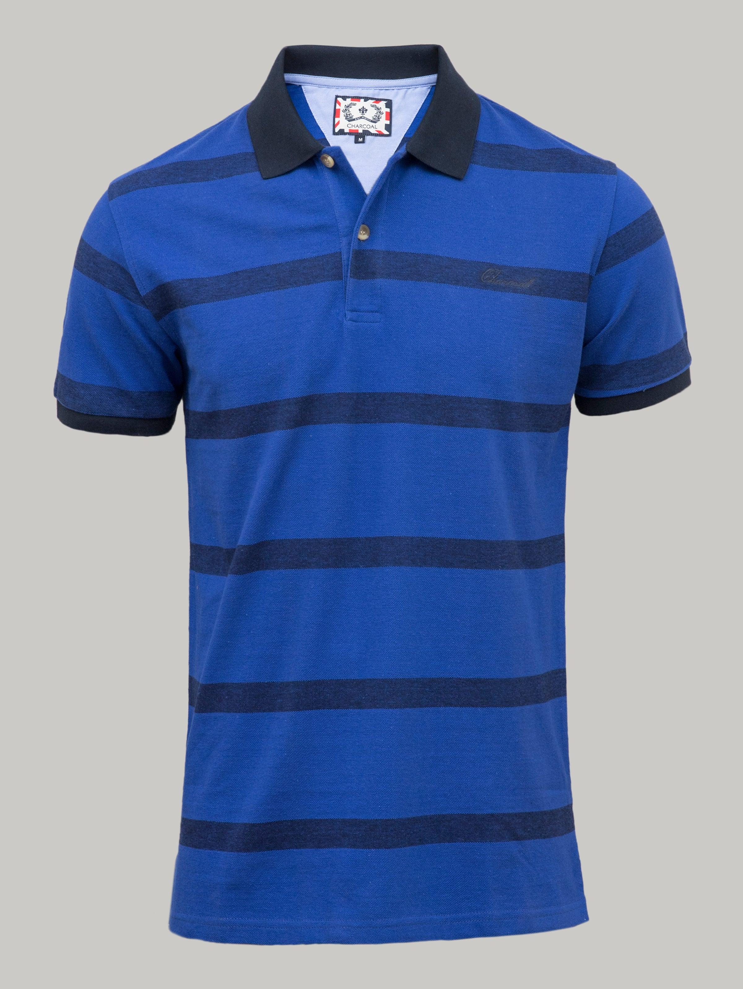 Blue polo shirt with dark striped bands and buttoned collar