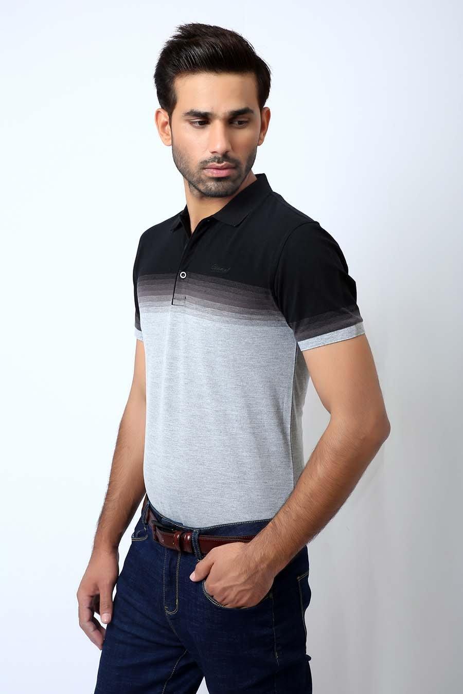 Men's two-tone polo shirt, black upper half and grey center panel with polo collar