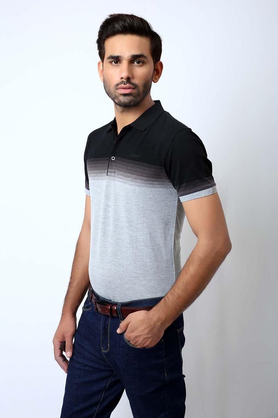 Men's two-tone polo shirt, black shoulder and grey center panel with polo collar and sleeve cuffs
