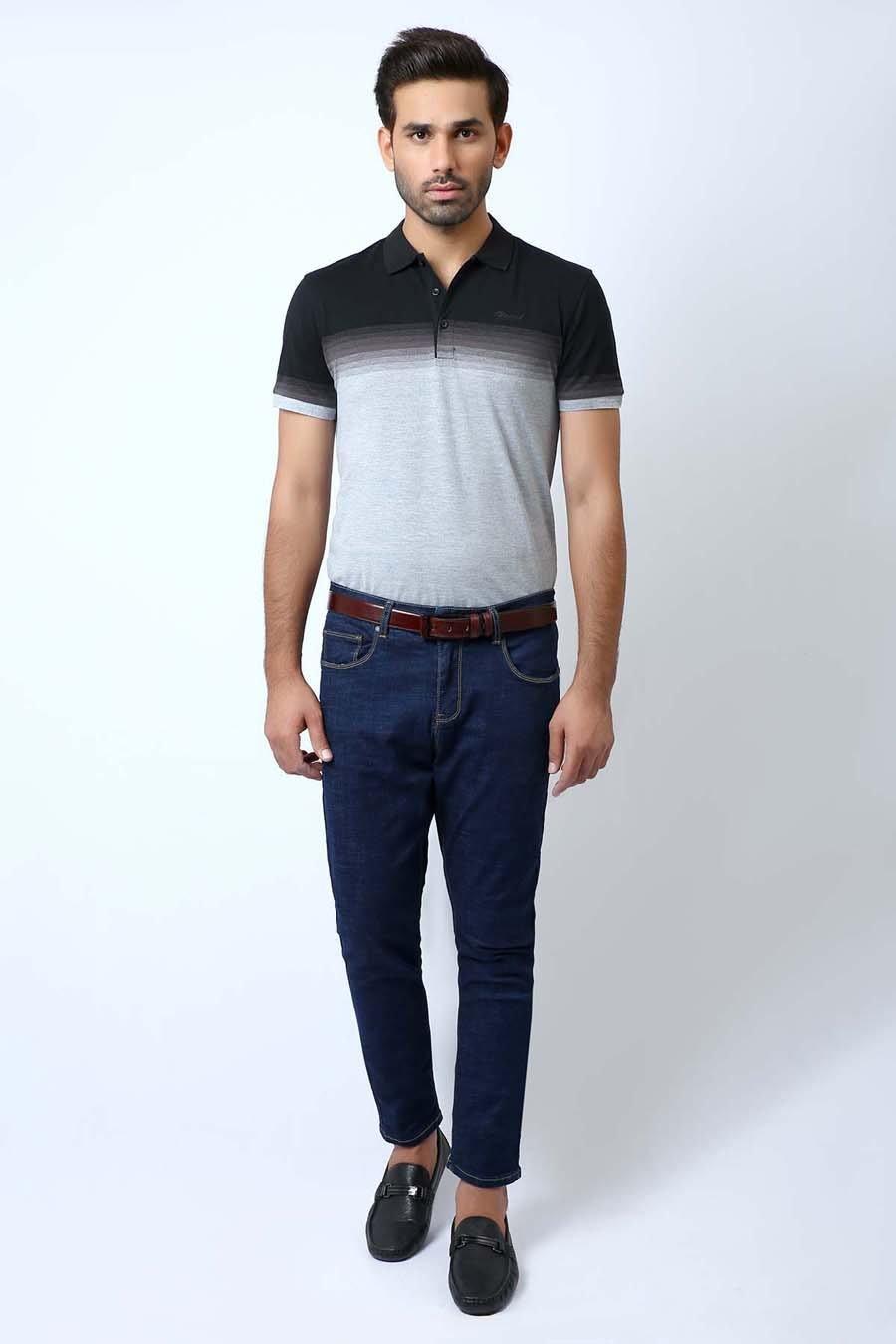 Men's two-tone polo shirt, black top and grey mid panel with collar and short sleeves
