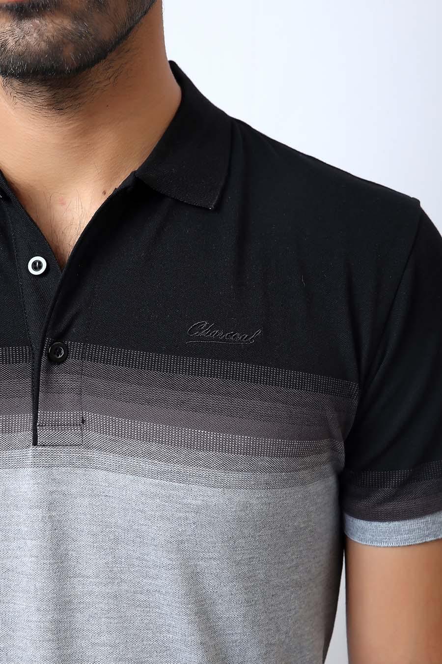 Men's polo shirt close-up: black collar with buttons, grey striped chest panel