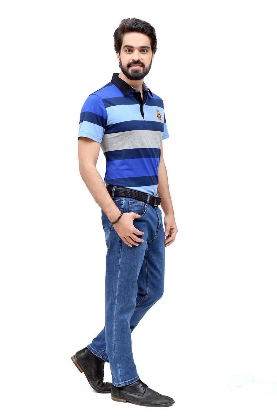 Striped polo shirt in navy and light blue with gray stripes; short sleeves and collar