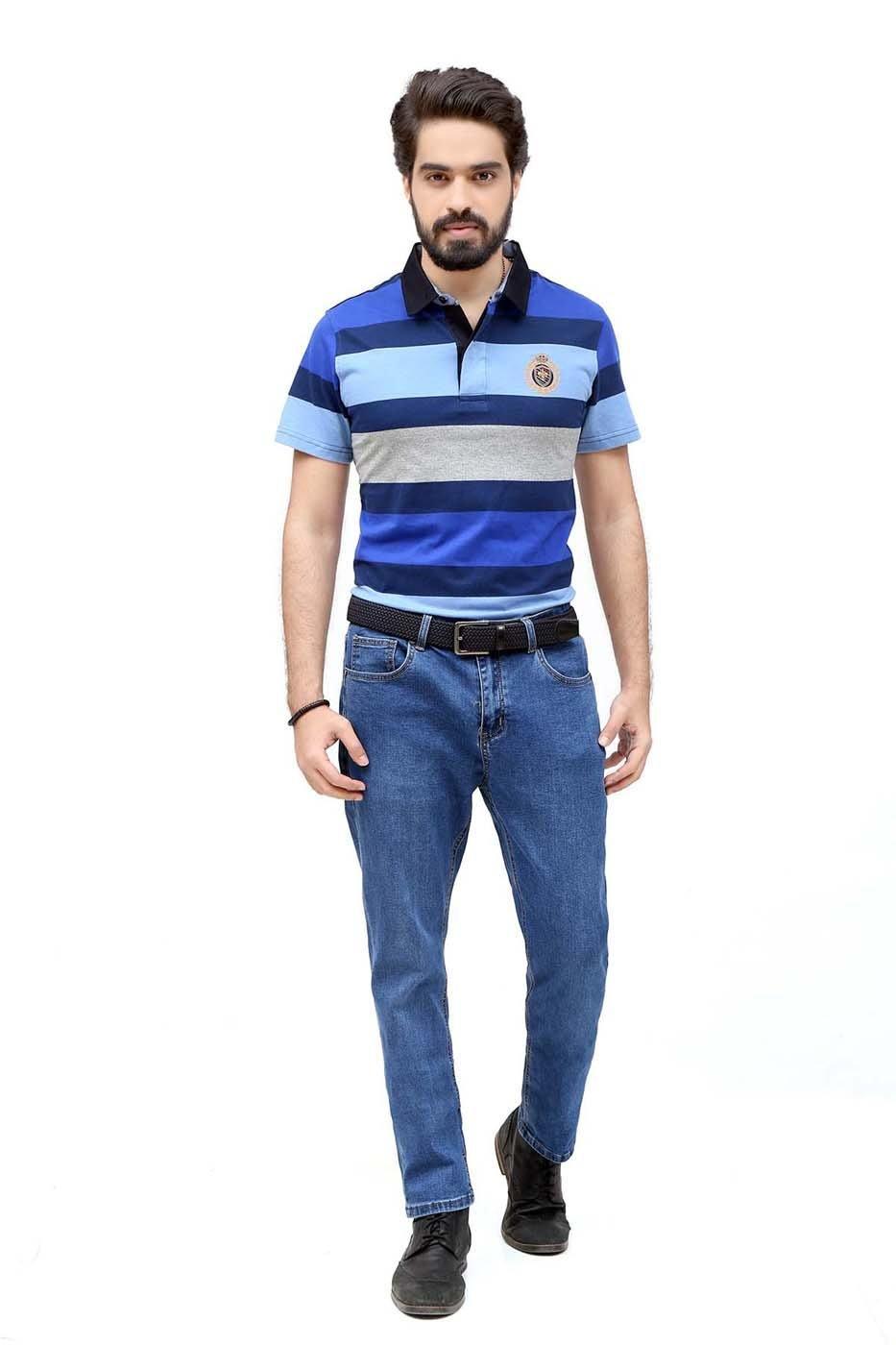 Striped polo shirt with navy, light blue, and gray bands; short sleeves, collar, button placket