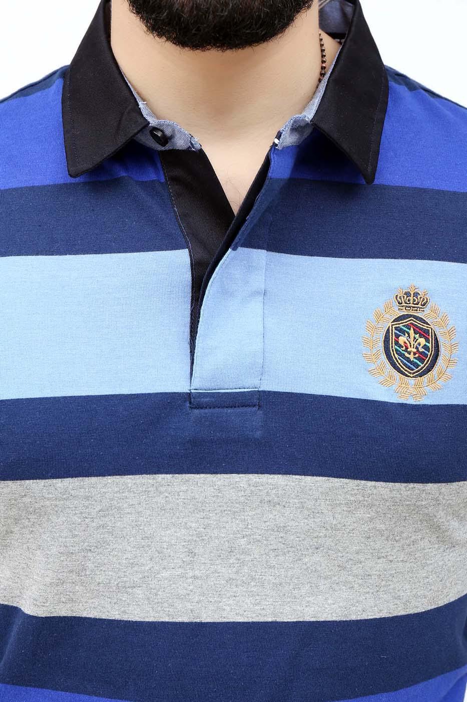 Striped polo shirt close-up: black collar, blue and light blue bands, embroidered crest on chest