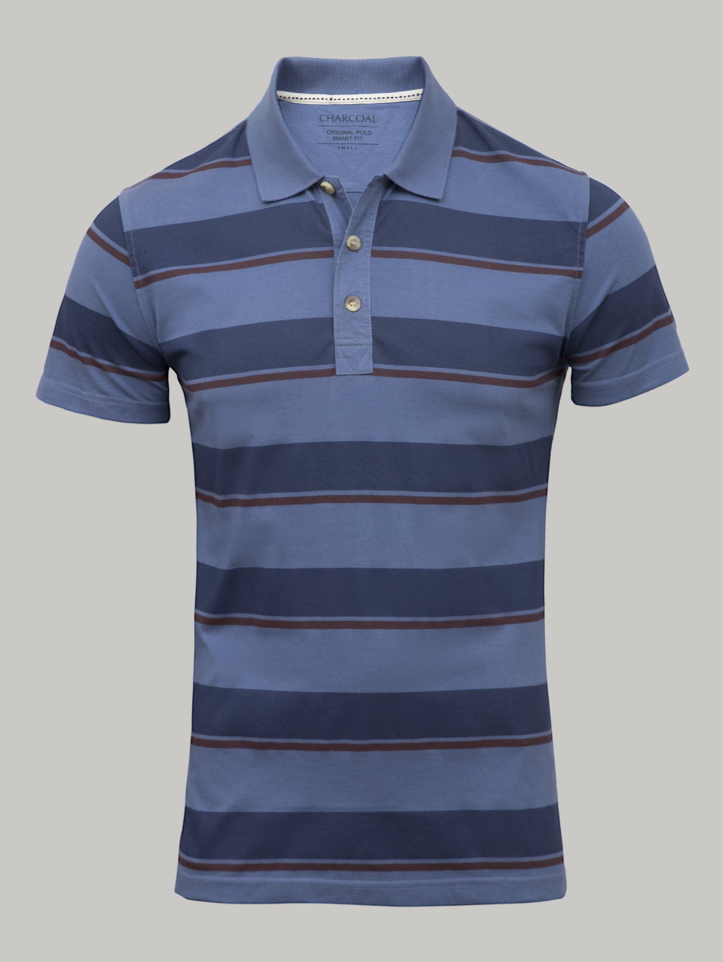 Men's striped polo shirt in navy and light blue with button placket