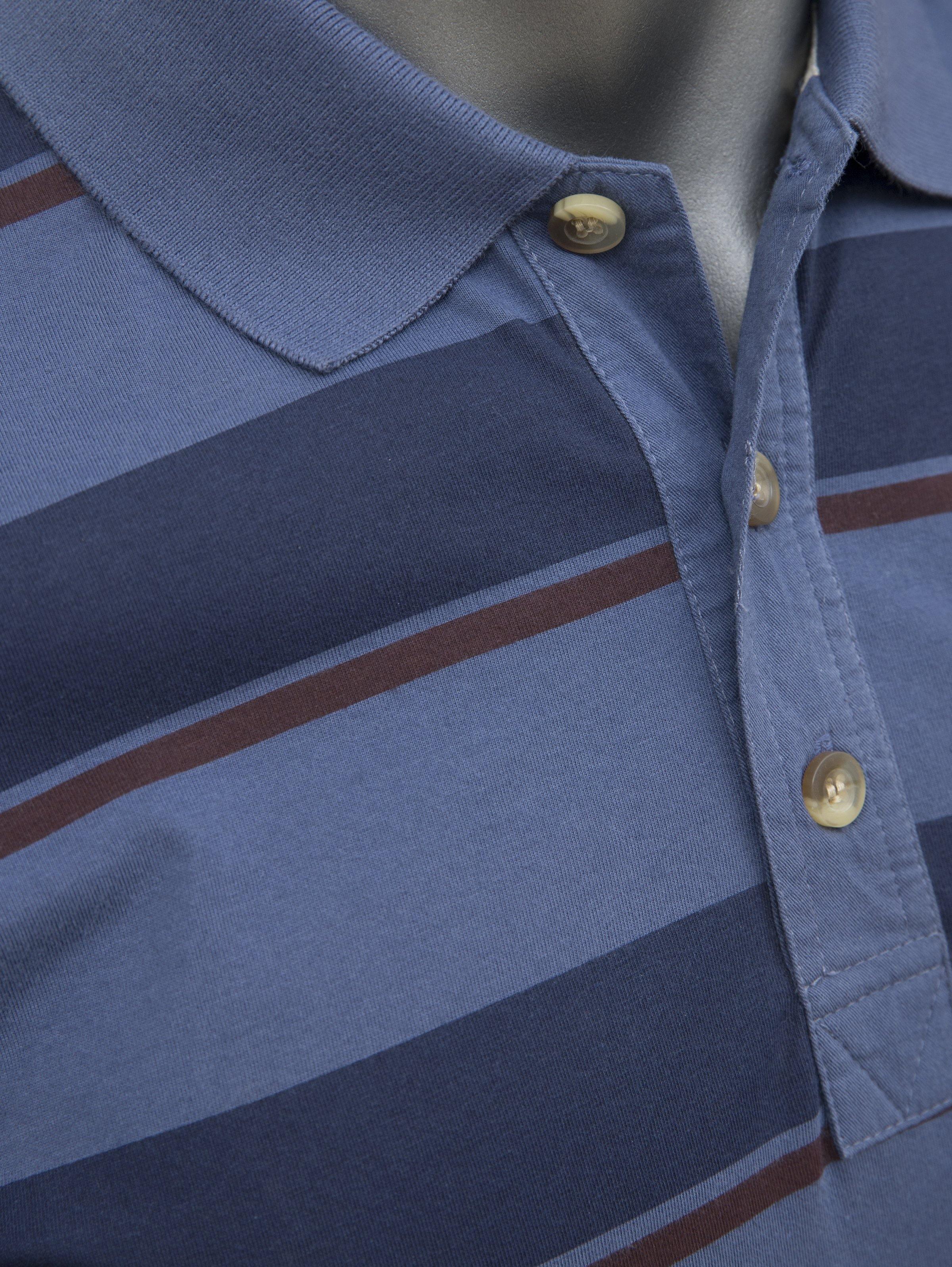 Striped polo collar and button placket in navy and light blue