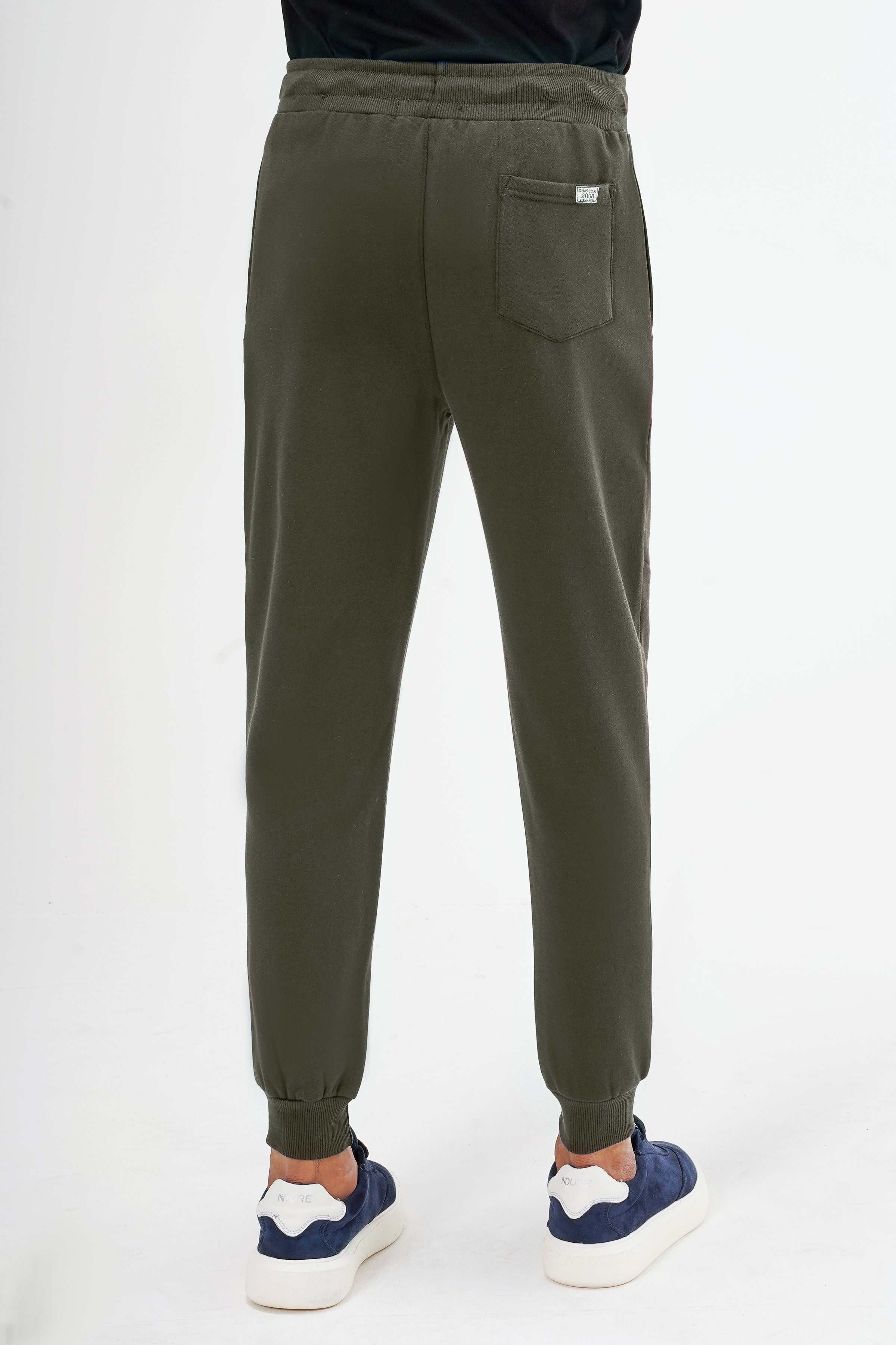 Dark olive terry fleece jogger trousers with front seam detail and rear pocket
