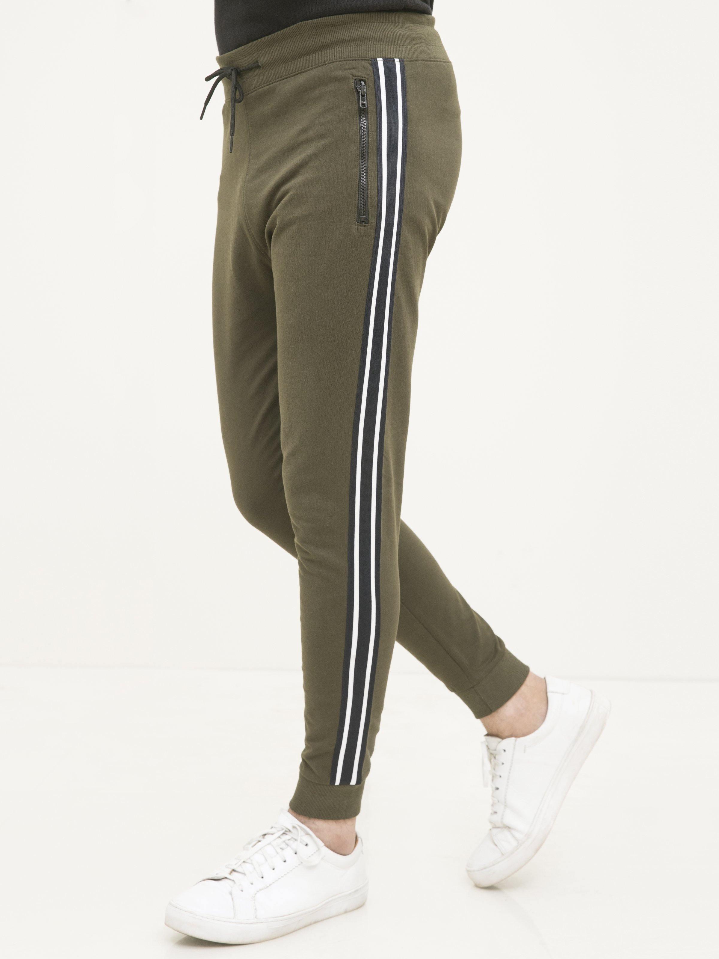 Dark olive terry side-tape trousers with white and blue stripe, cuffed ankle