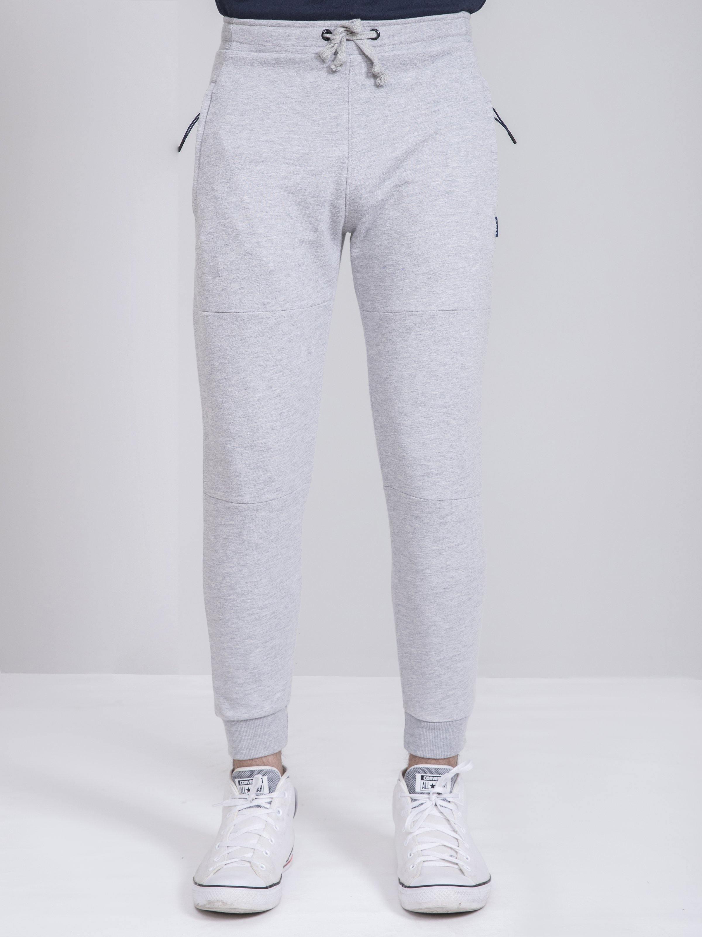 Grey melange terry slim-fit trousers with drawstring waistband and tapered legs