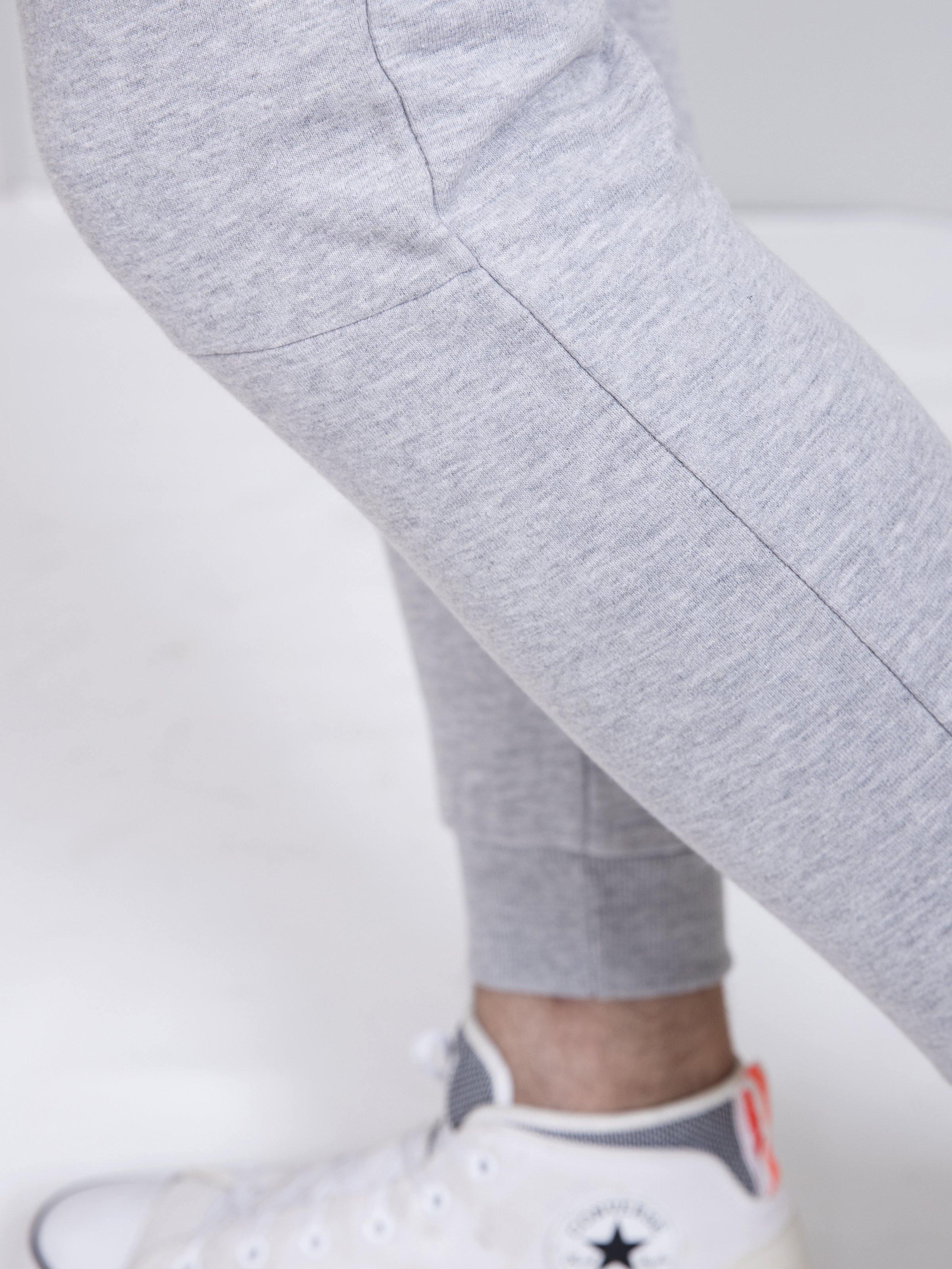 Grey melange terry slim-fit trouser hem and side seam detail