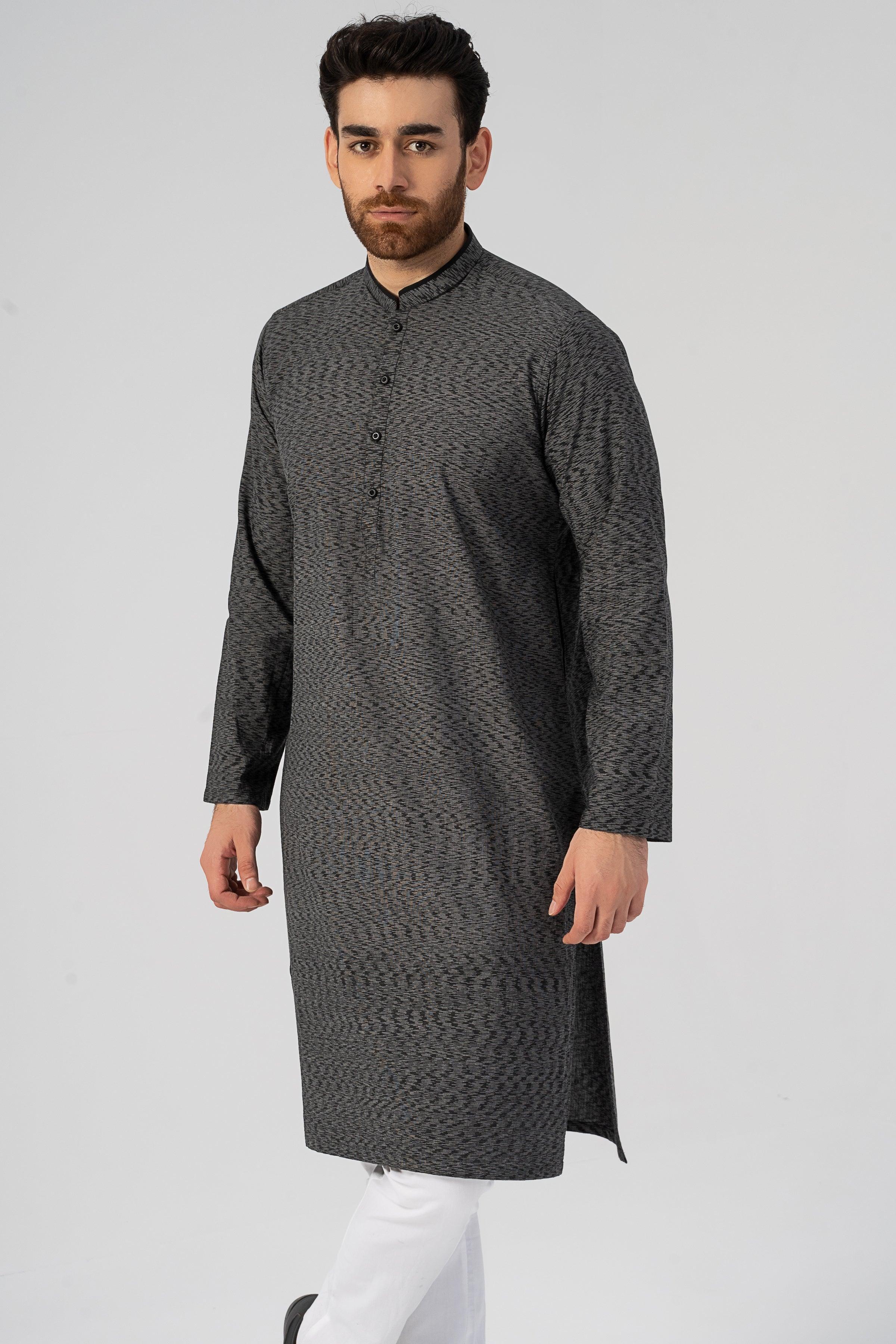 Black textured kurta, front view with long sleeves, stand collar, and center buttons