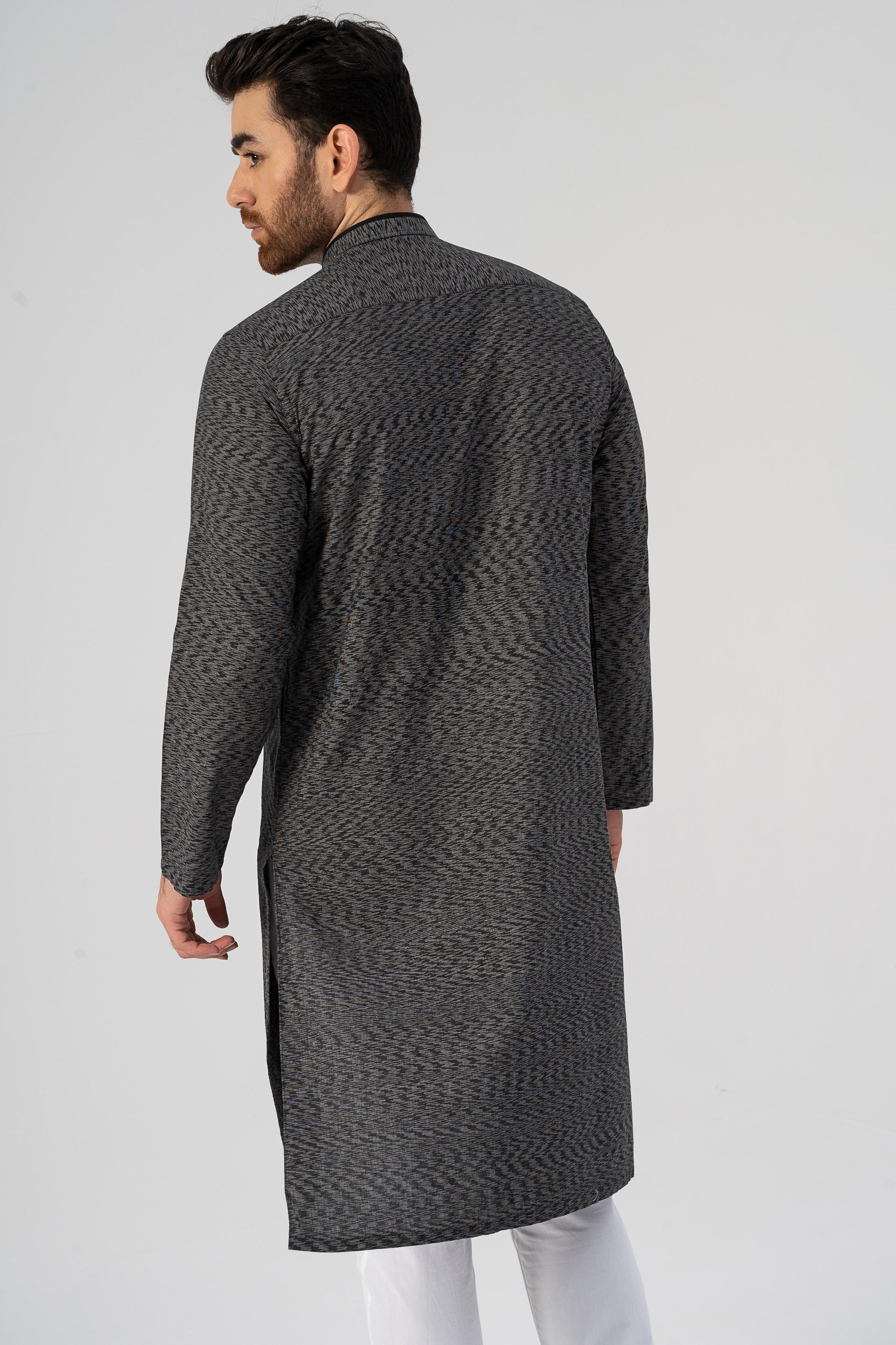 Black textured kurta back view with long sleeves and straight hem