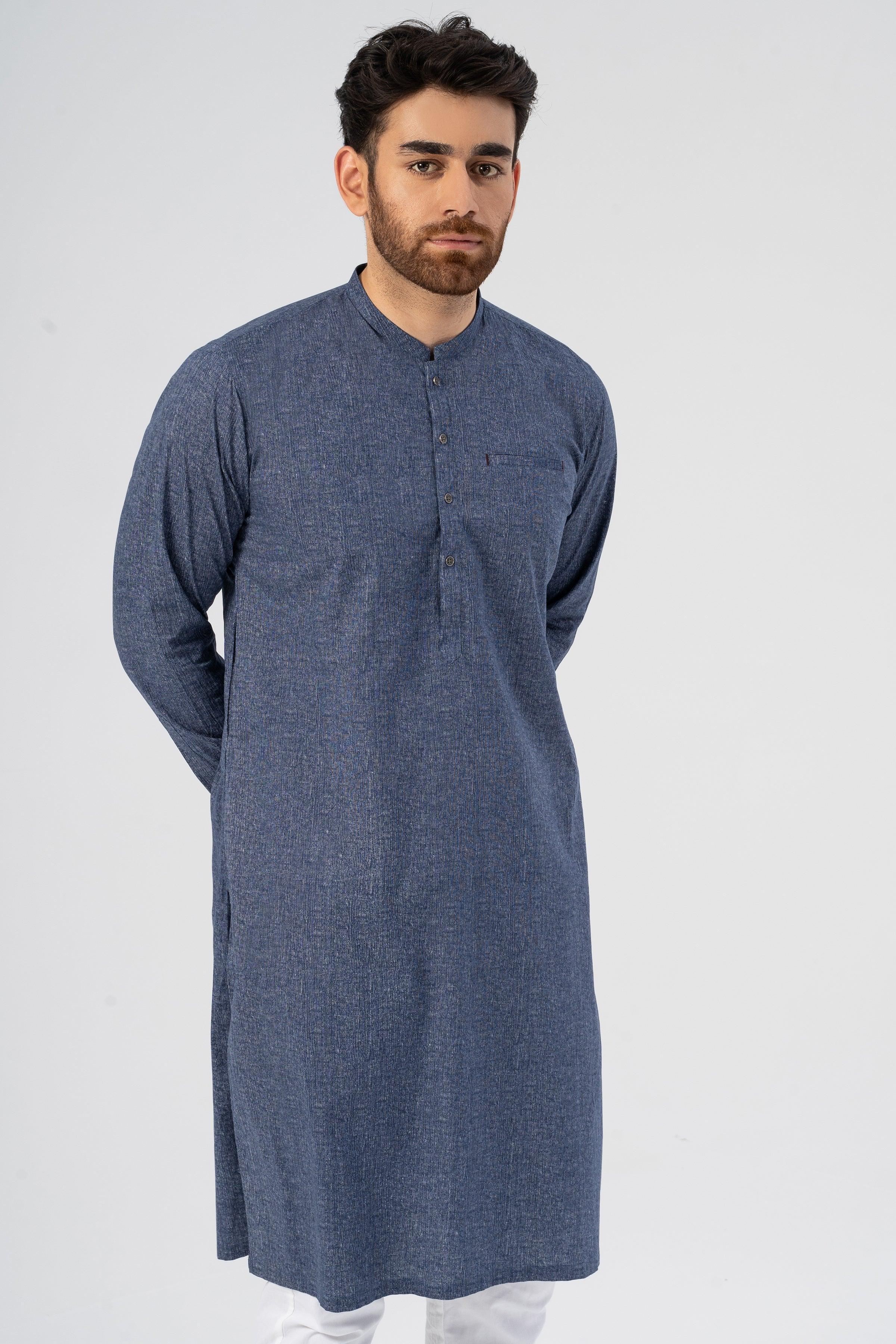 Denim-blue textured kurta with band collar and button placket, full front