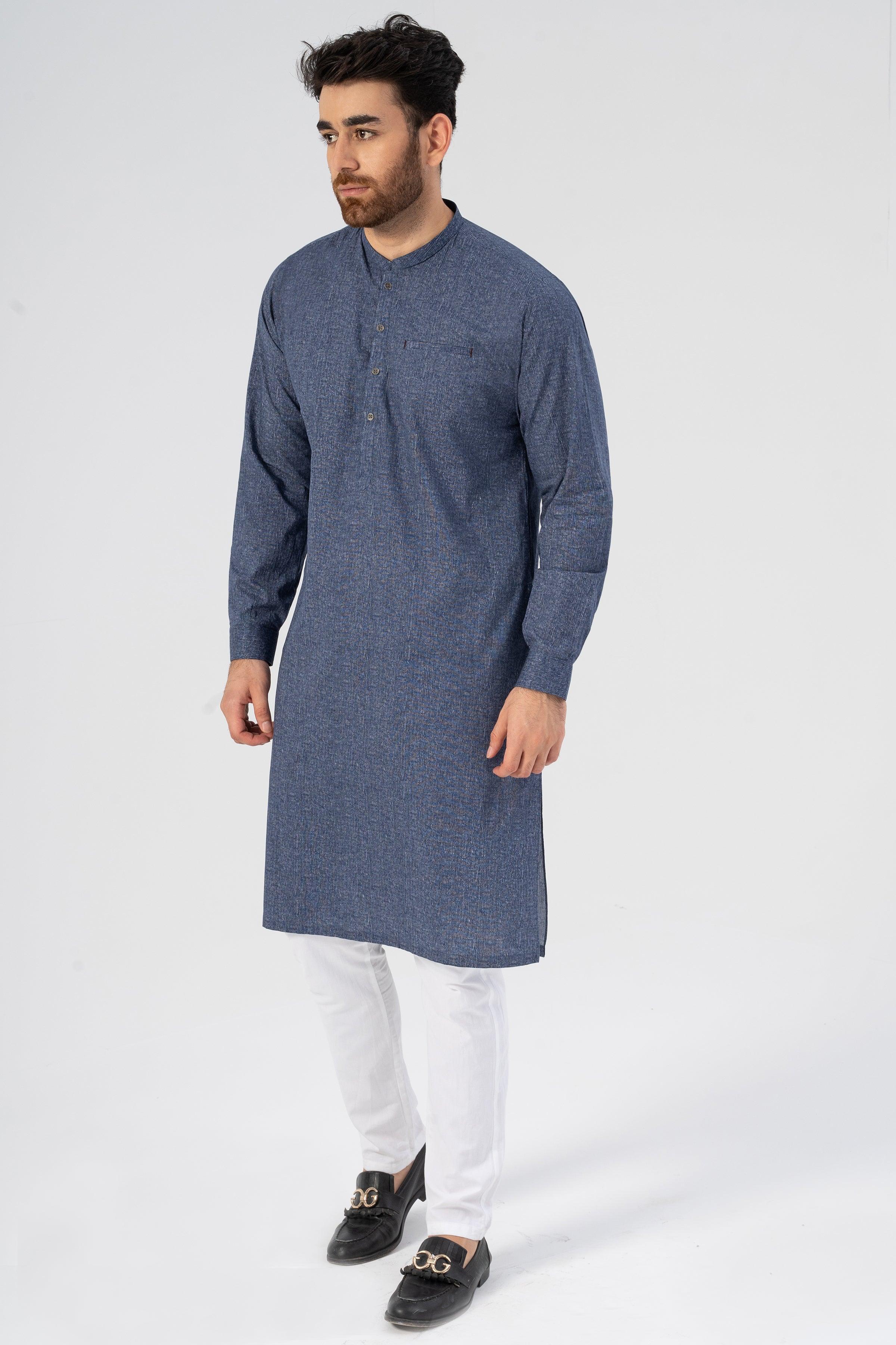Denim-blue textured kurta with long sleeves, button placket and band collar