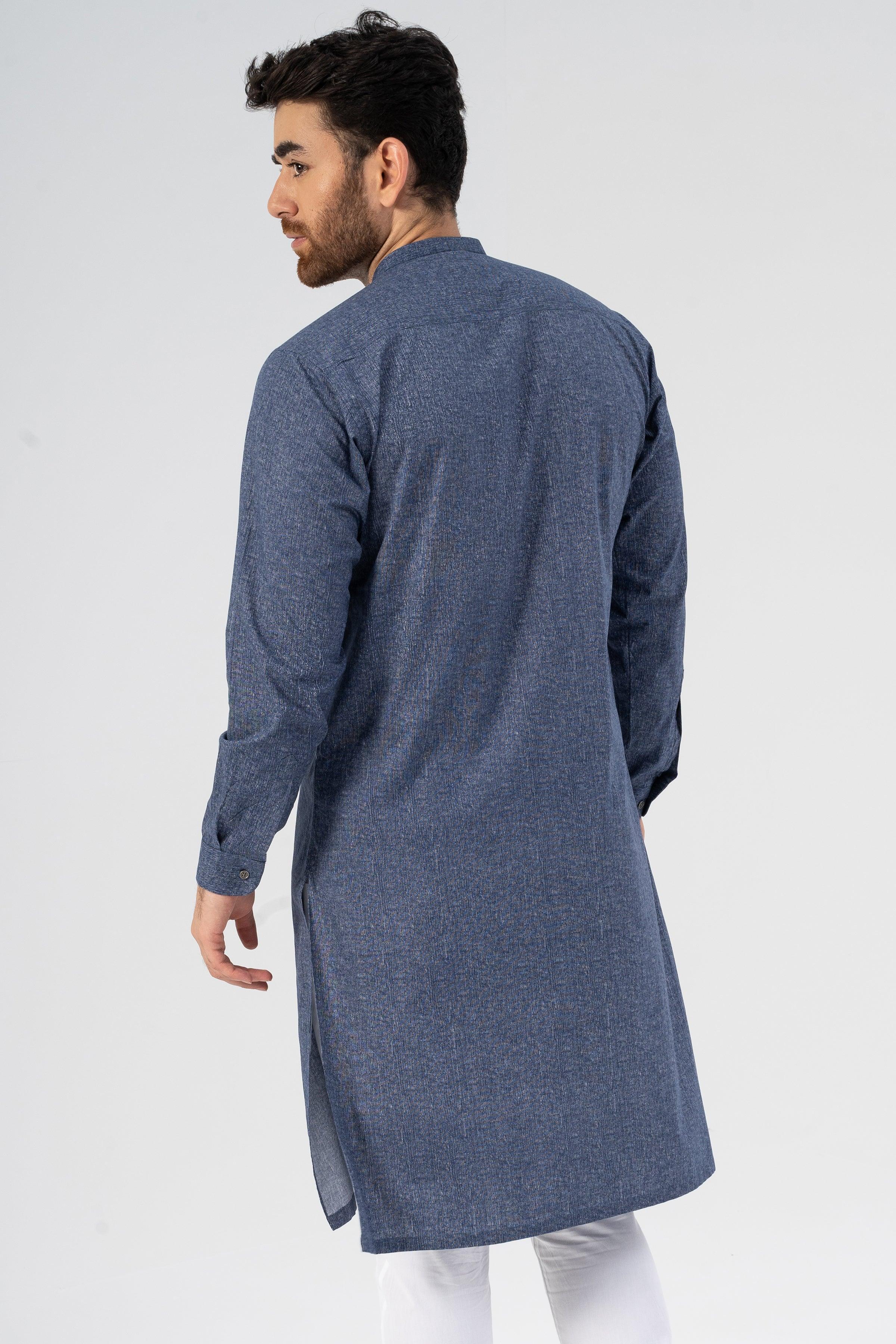 Denim-blue textured kurta back view with long sleeves and no visible front buttons