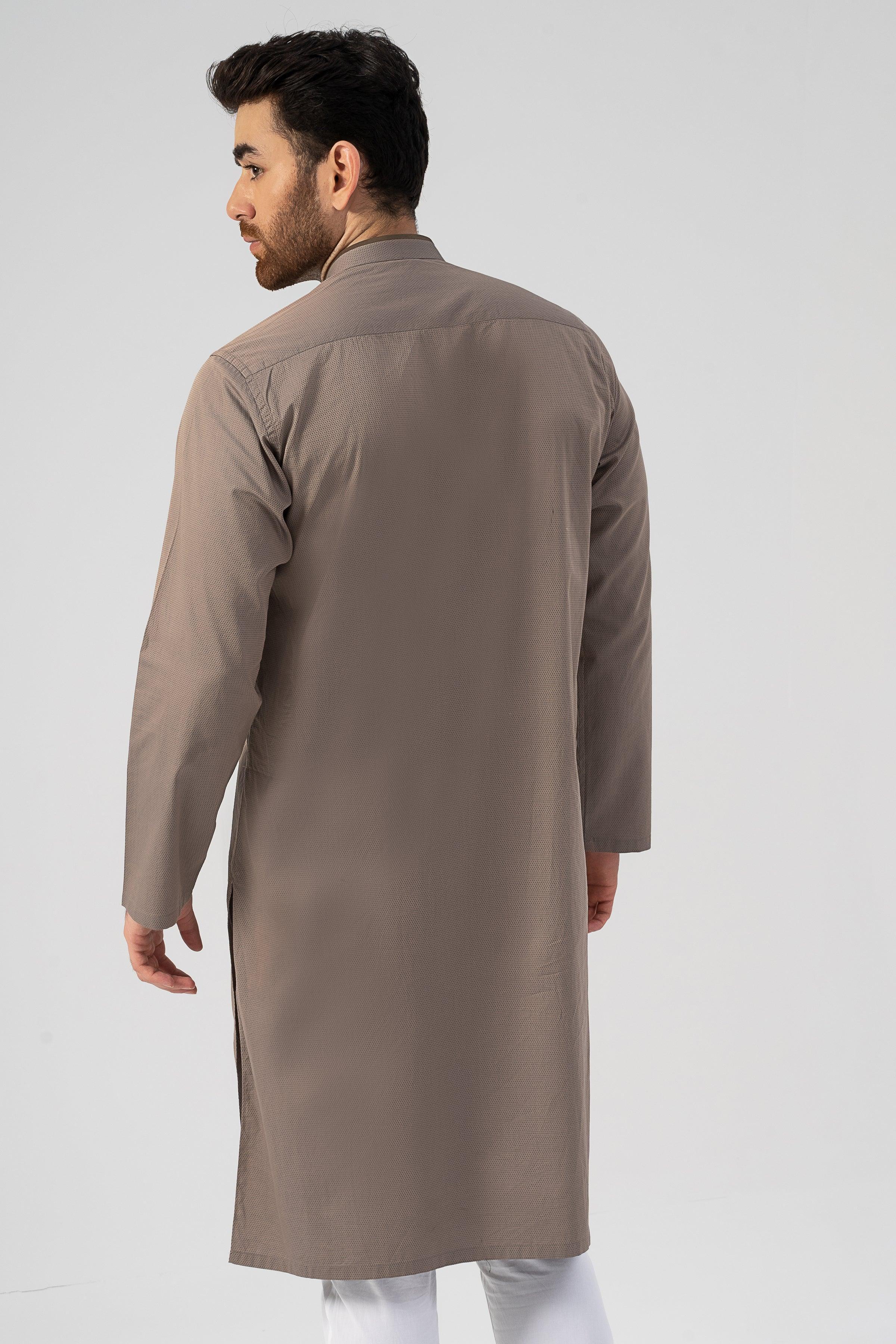 Men’s textured khaki kurta back view, long sleeves and straight hem