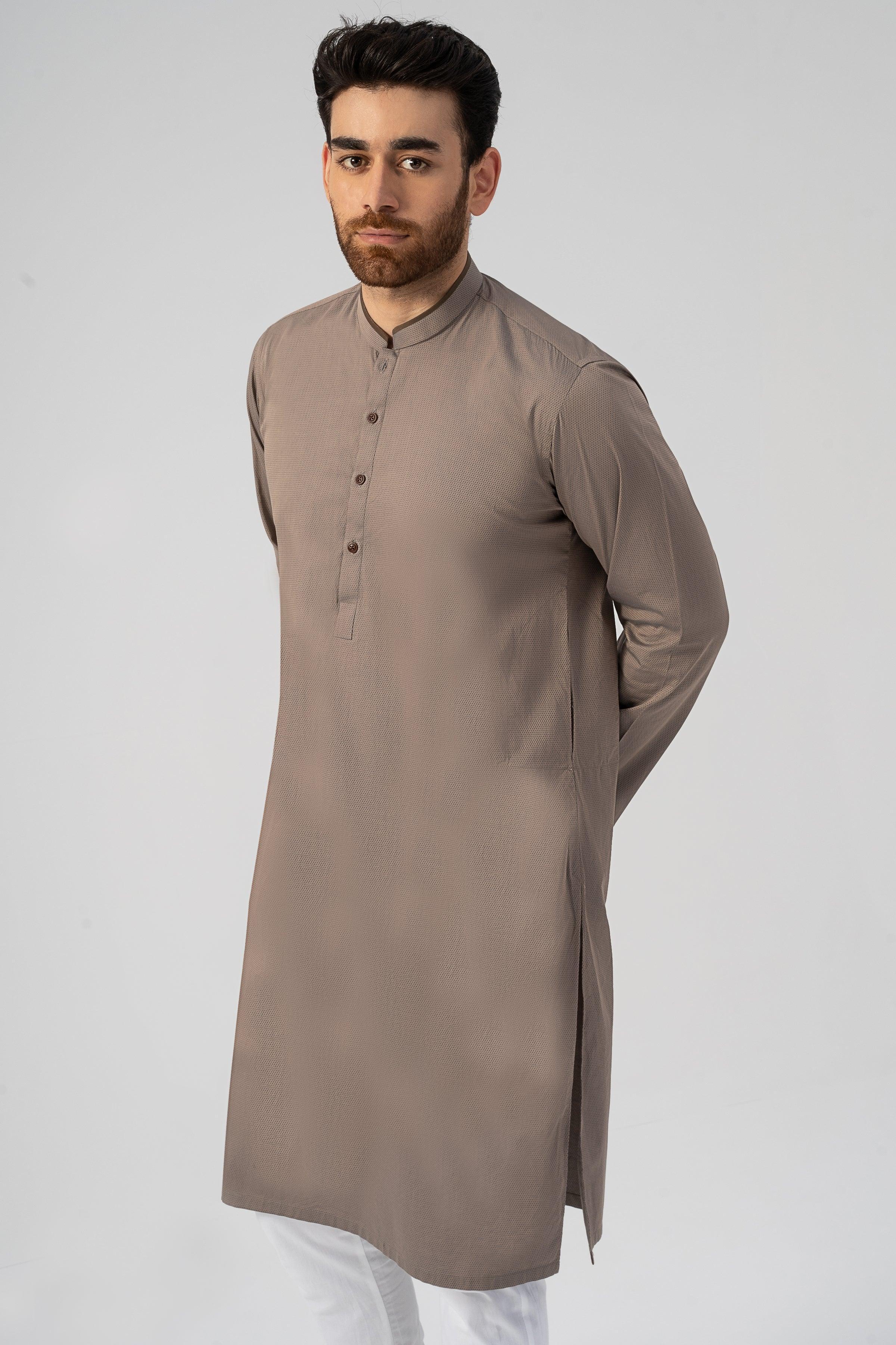 Men’s textured khaki kurta, stand collar and full button front, long sleeves