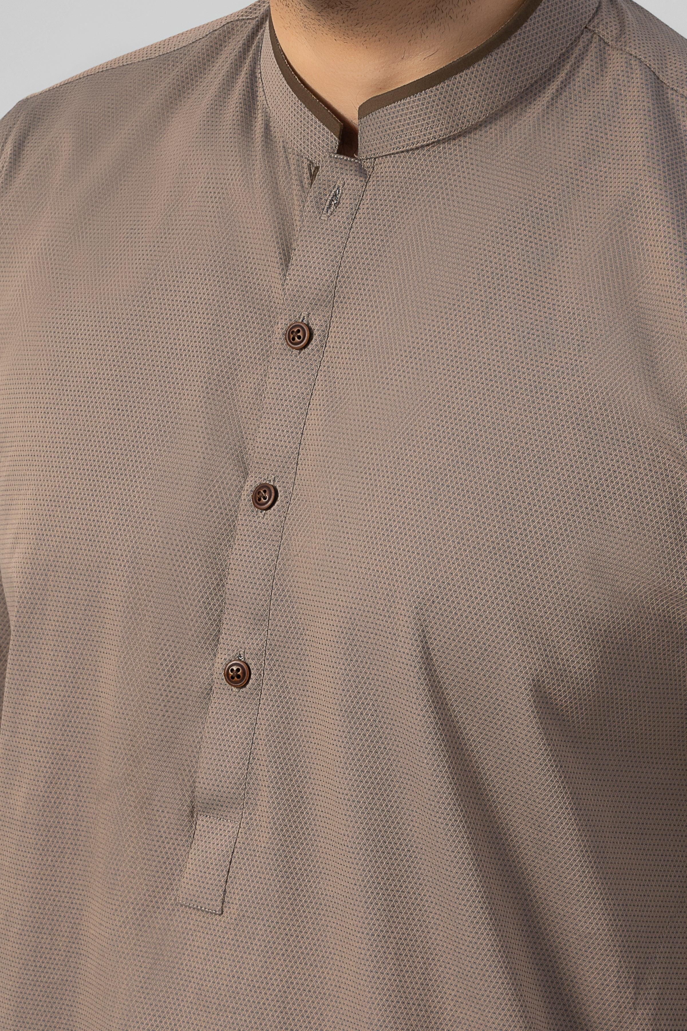 Textured khaki kurta chest, stand collar with brown buttons and button placket
