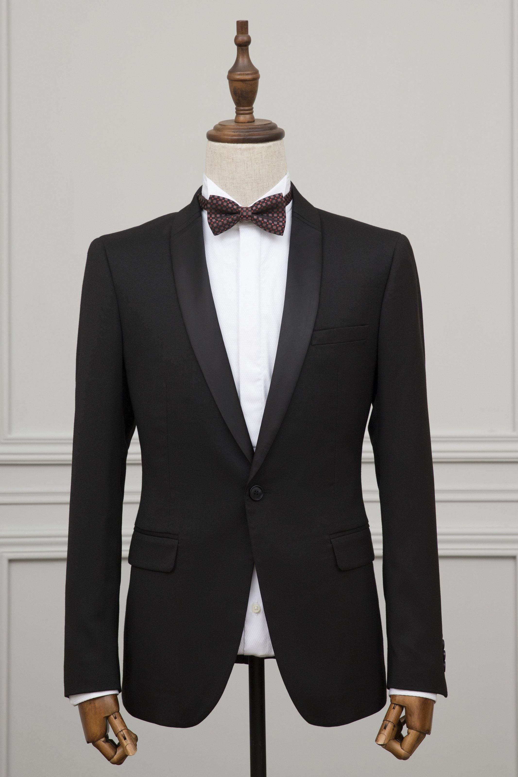 Black 1-button tuxedo suit jacket with satin lapels and bow tie