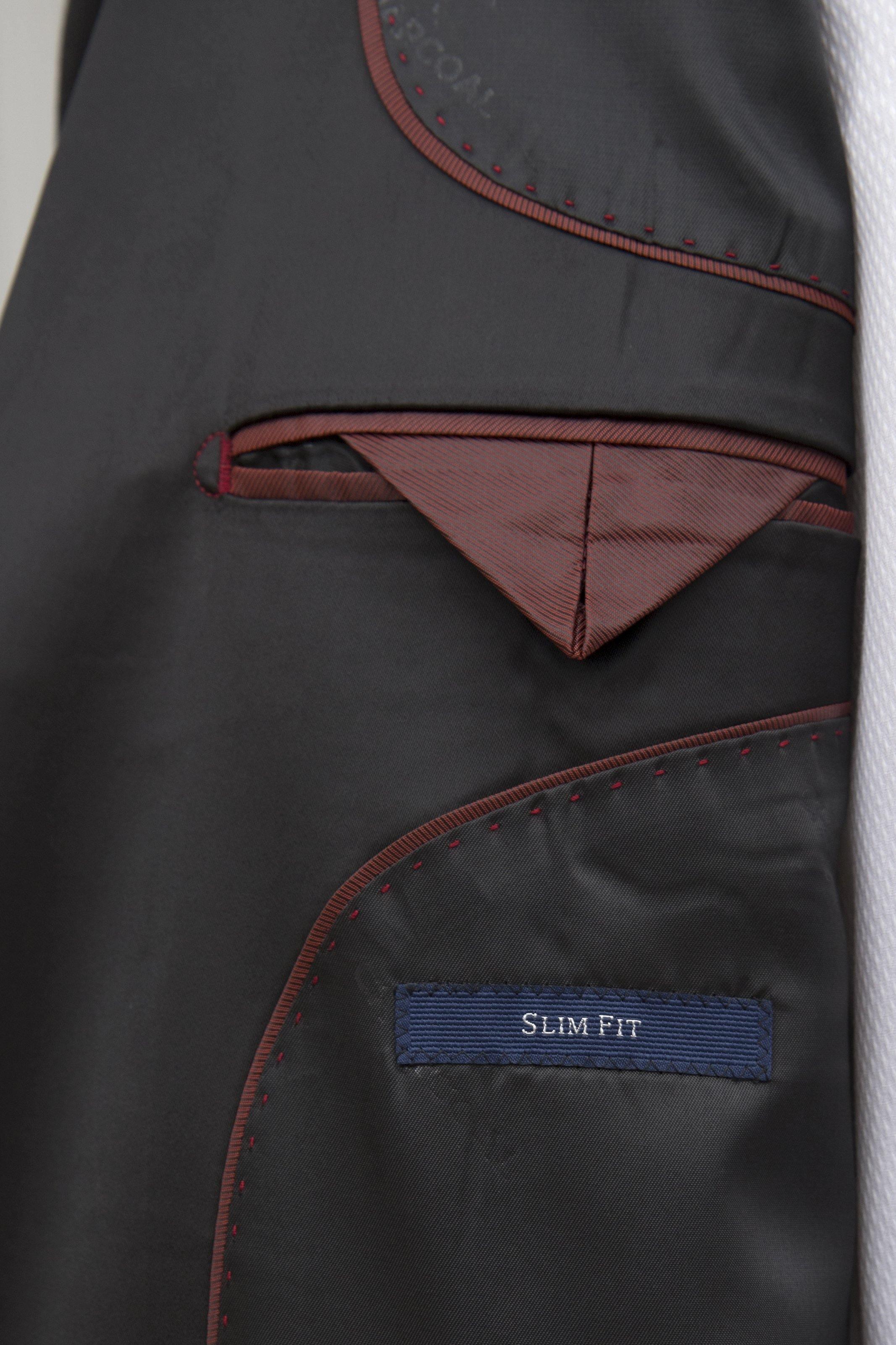 Black tuxedo jacket lining with red trim, interior pocket, Slim Fit label