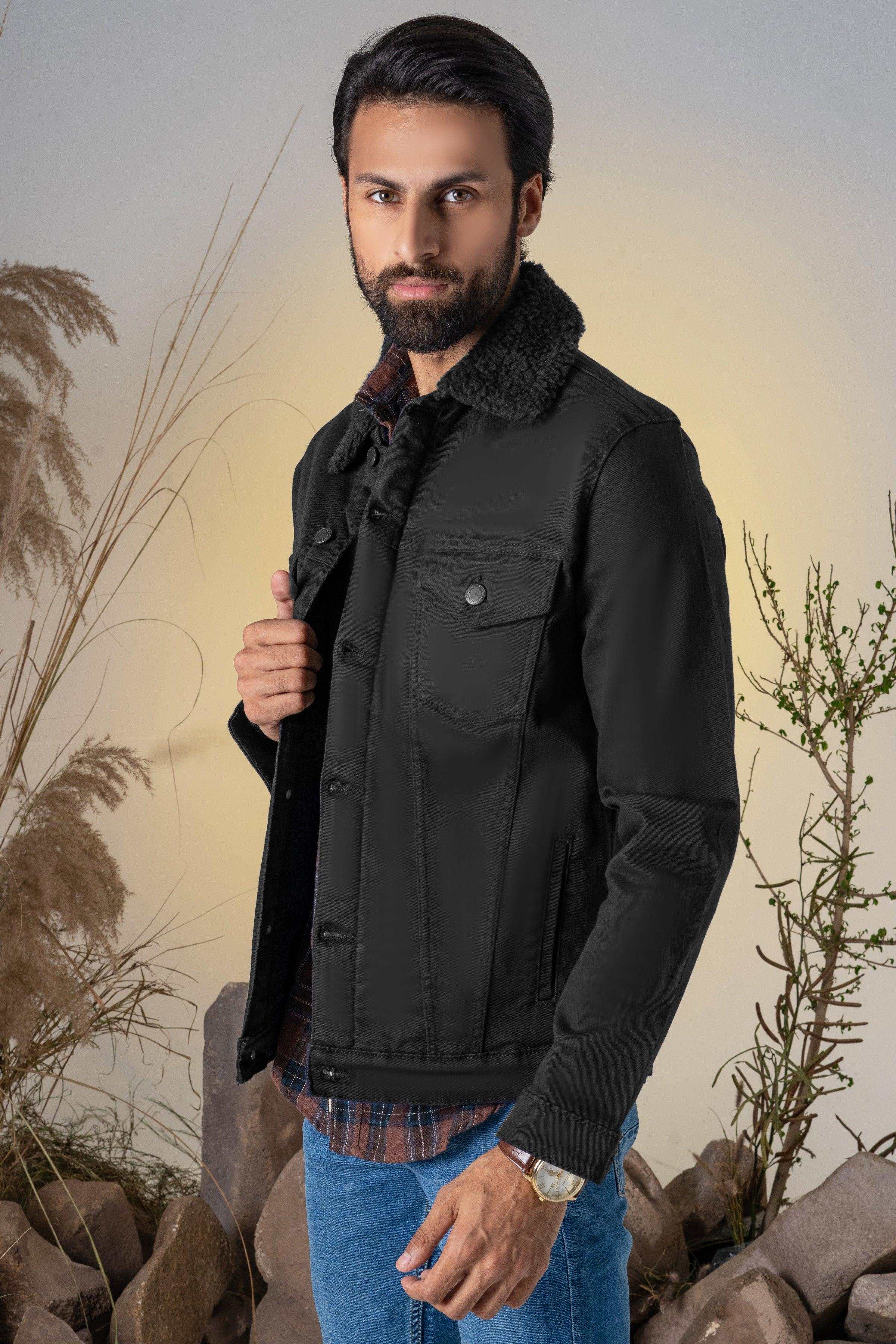 TWILL FUR COLLAR JACKET BLACK at Charcoal Clothing