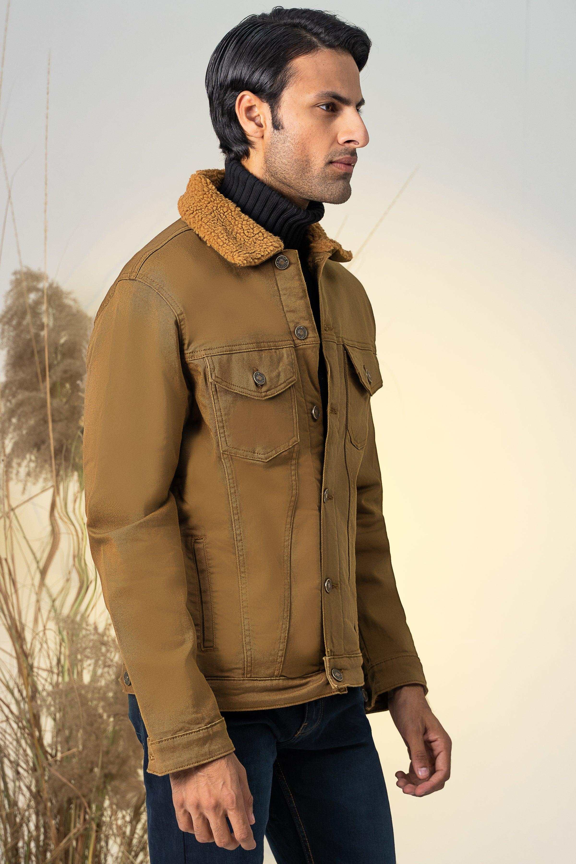 TWILL FUR COLLAR JACKET DARK KHAKI at Charcoal Clothing
