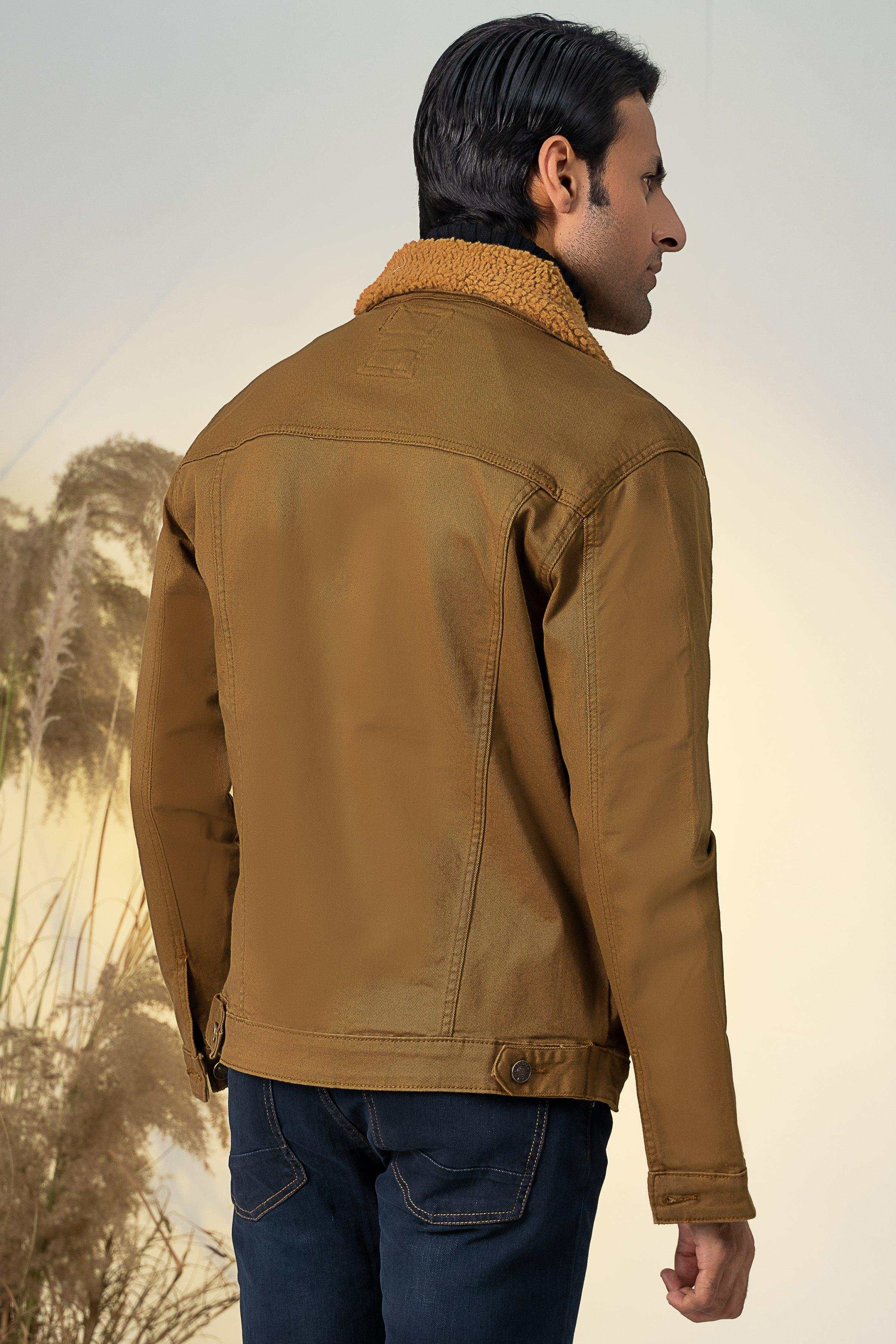 TWILL FUR COLLAR JACKET DARK KHAKI at Charcoal Clothing