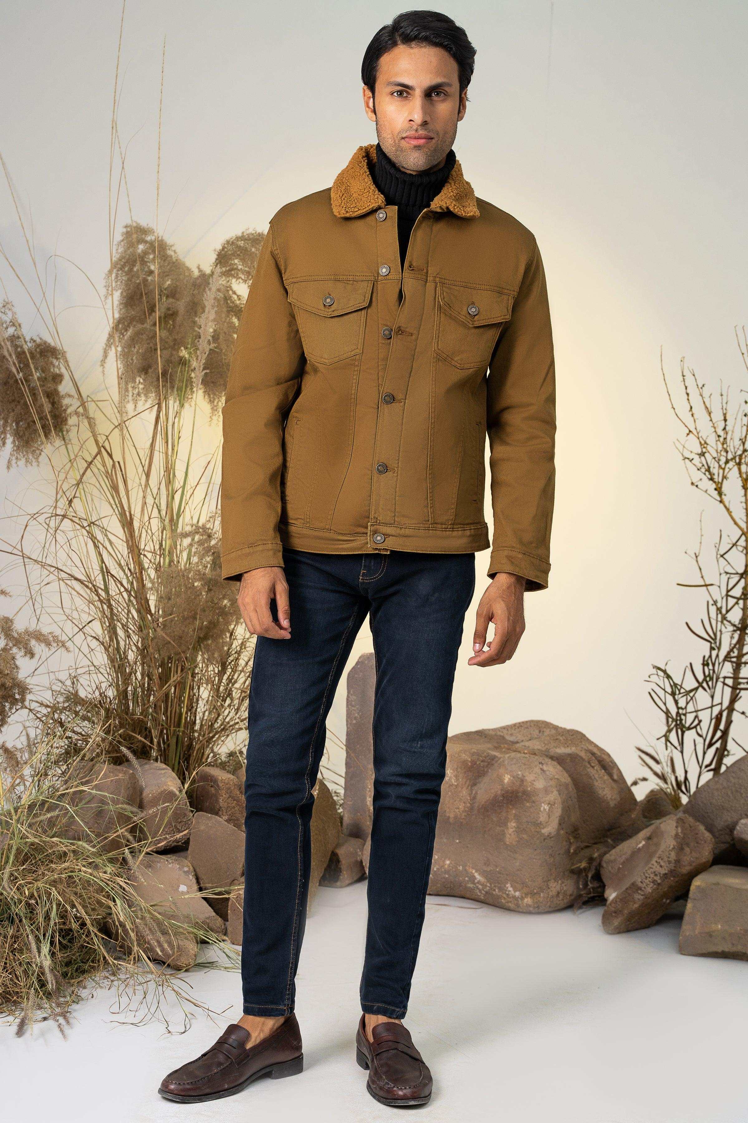 TWILL FUR COLLAR JACKET DARK KHAKI at Charcoal Clothing