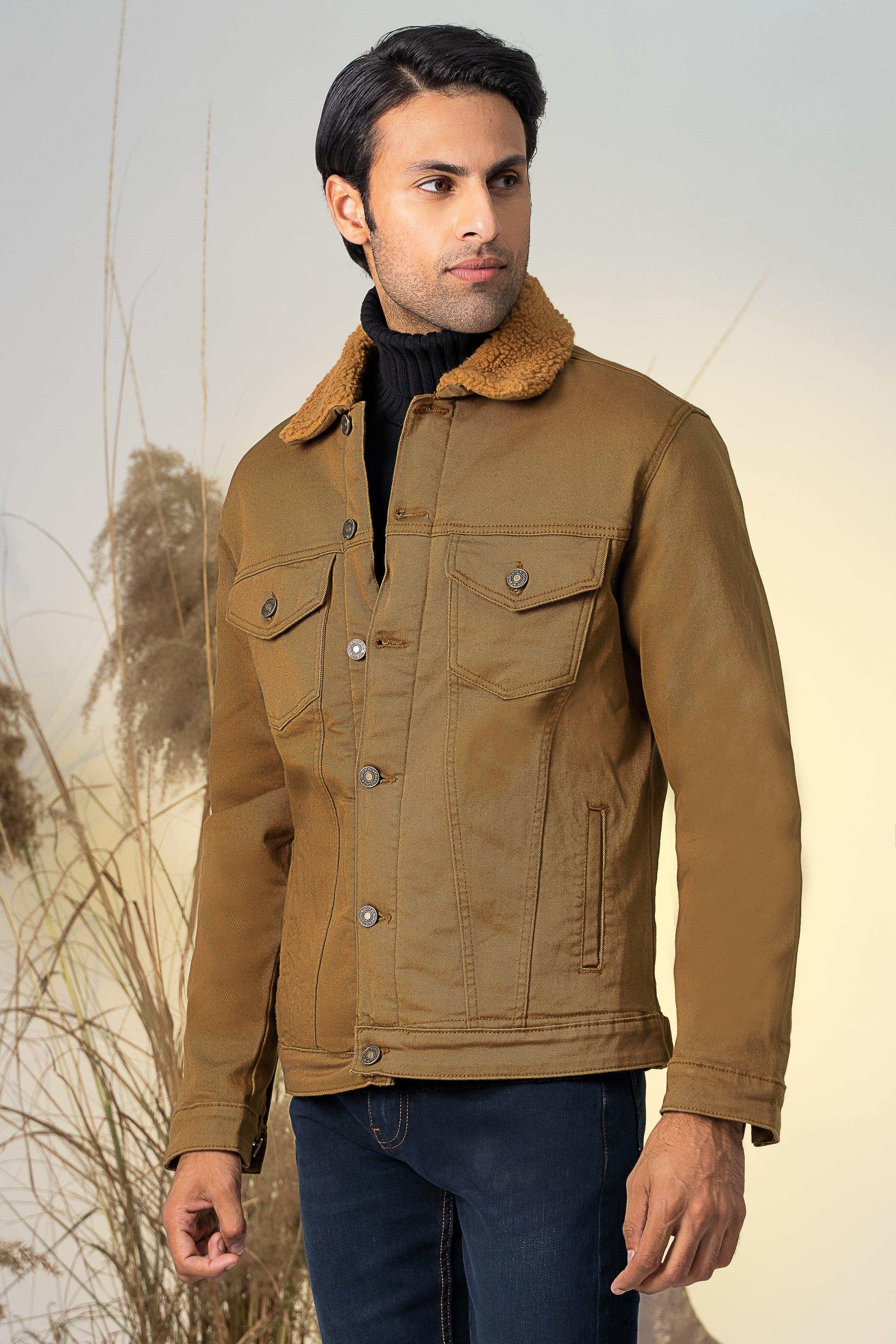 TWILL FUR COLLAR JACKET DARK KHAKI at Charcoal Clothing