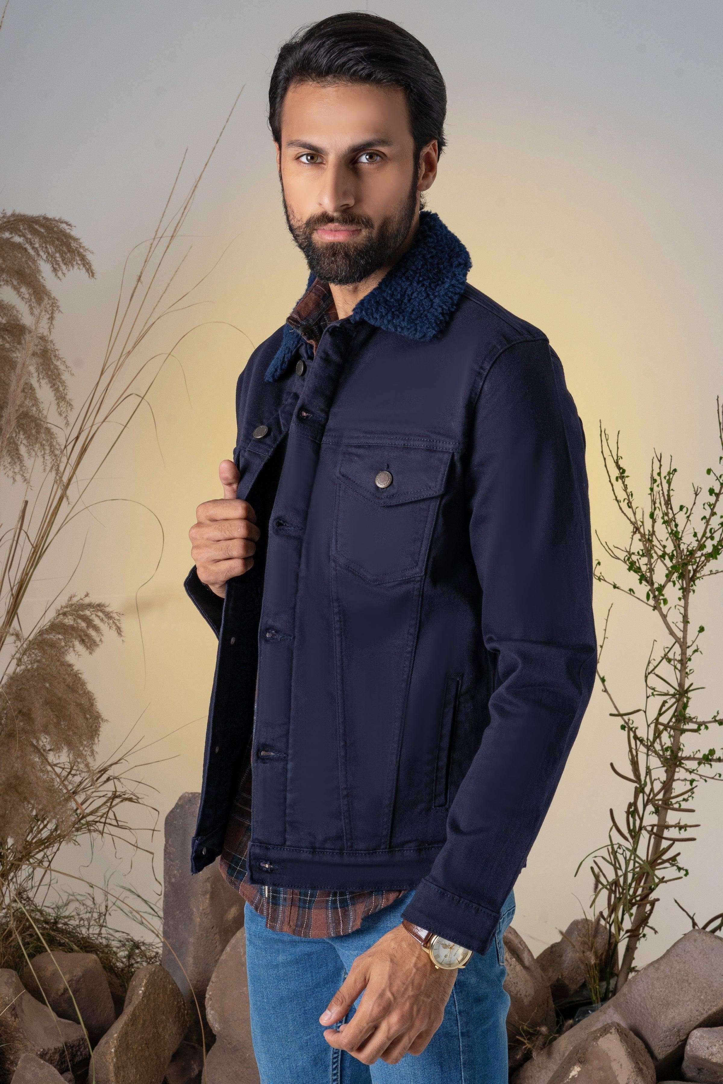 TWILL FUR COLLAR JACKET NAVY at Charcoal Clothing